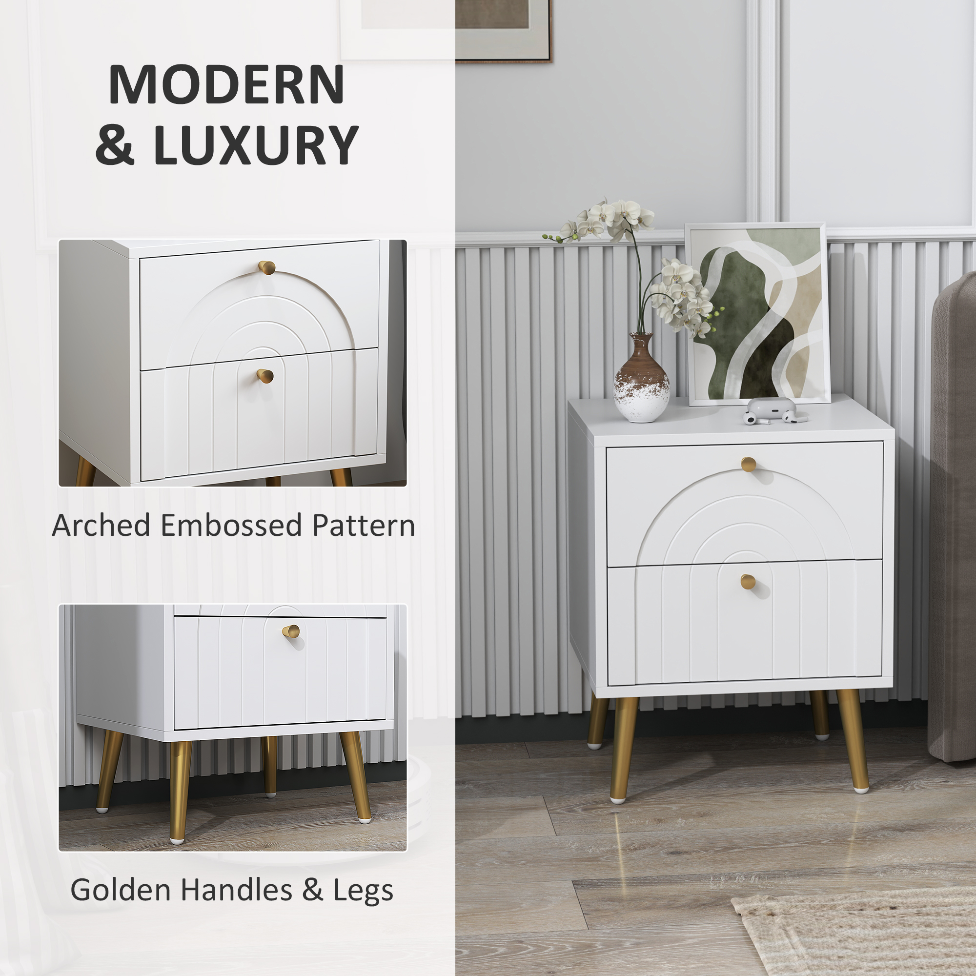 HOMCOM 2-Drawer Bedside Table Set of 2 White 6