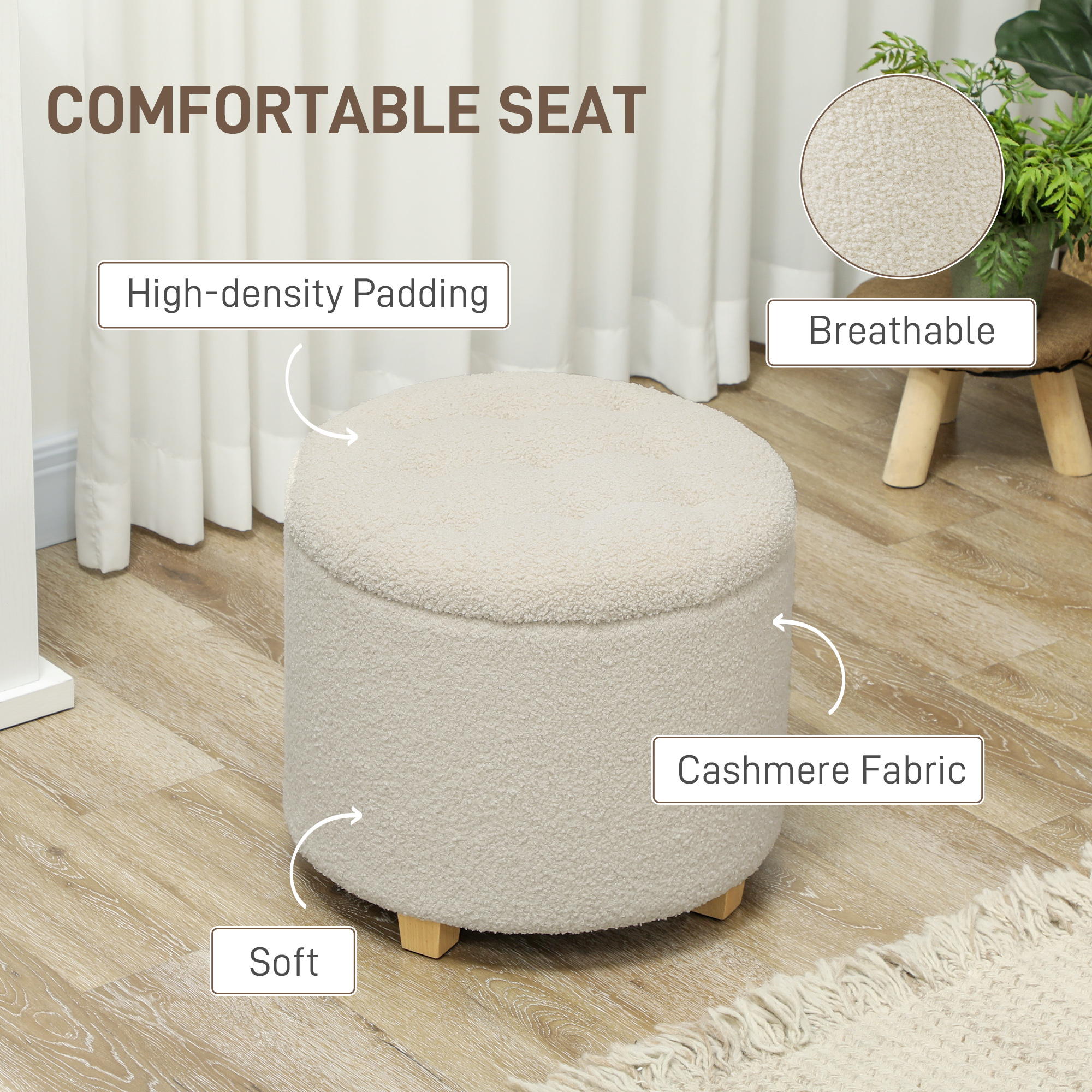 HOMCOM 40.5L Teddy Fleece Storage Ottoman Cream White 5