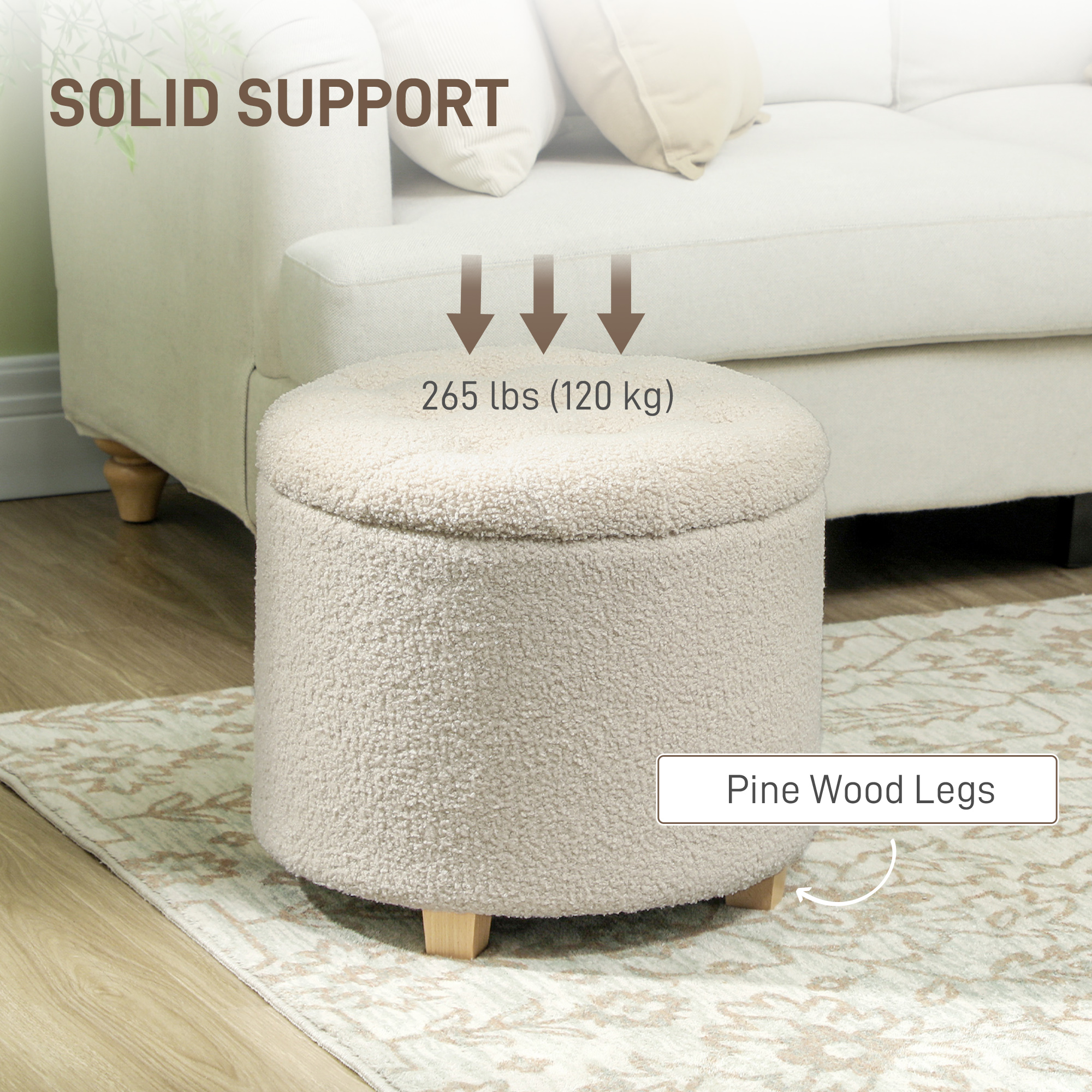 HOMCOM 40.5L Teddy Fleece Storage Ottoman Cream White 6