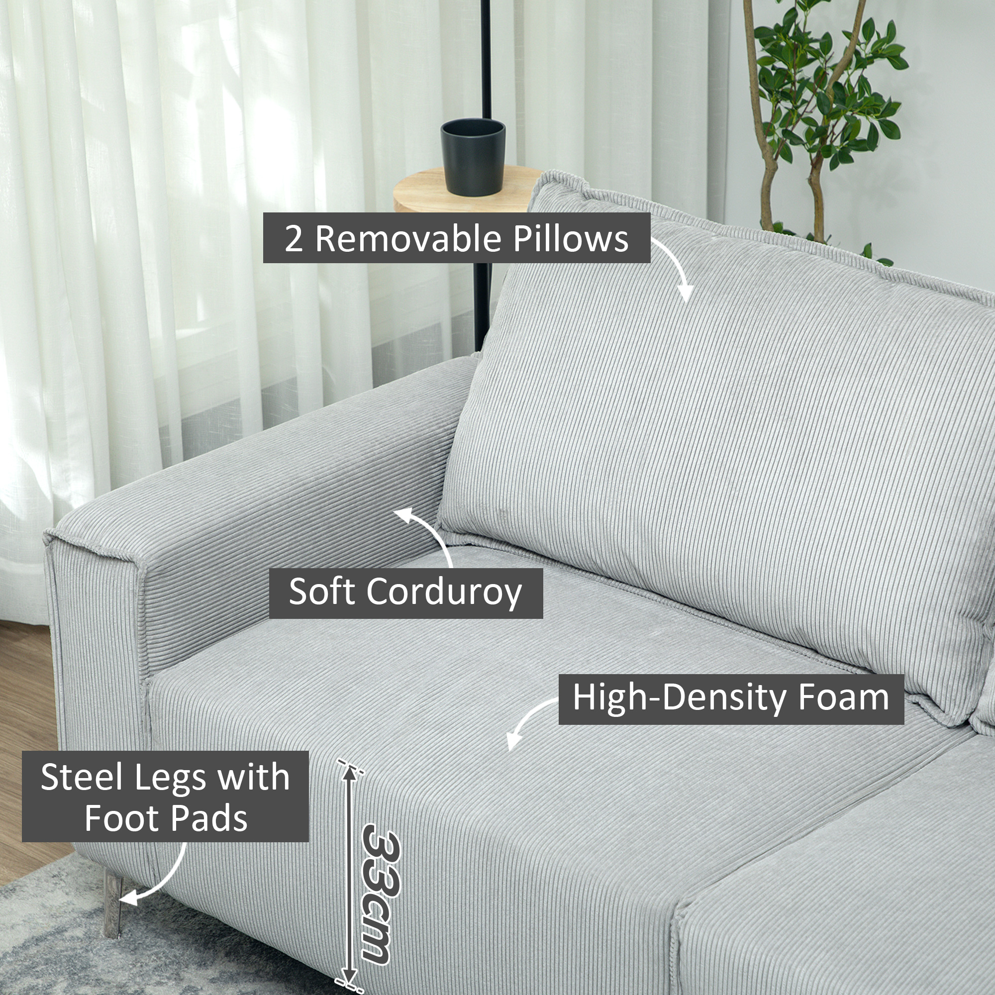 HOMCOM Three-Seater Corduroy Light Grey 5
