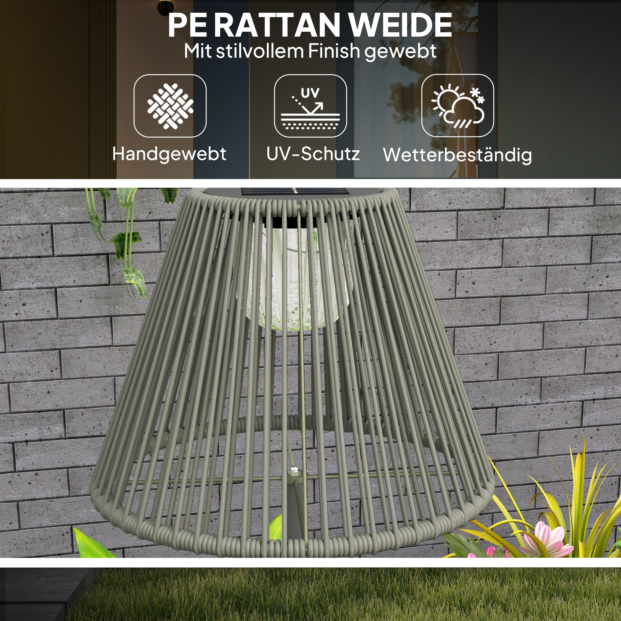 Päikeseenergial töötav põrandalamp, rotangist stiilis, päikeselambid valgussensoriga, 25 LED-tuld, boheemlaslikus stiilis päikesevalgusti, Ø33 x 135 cm