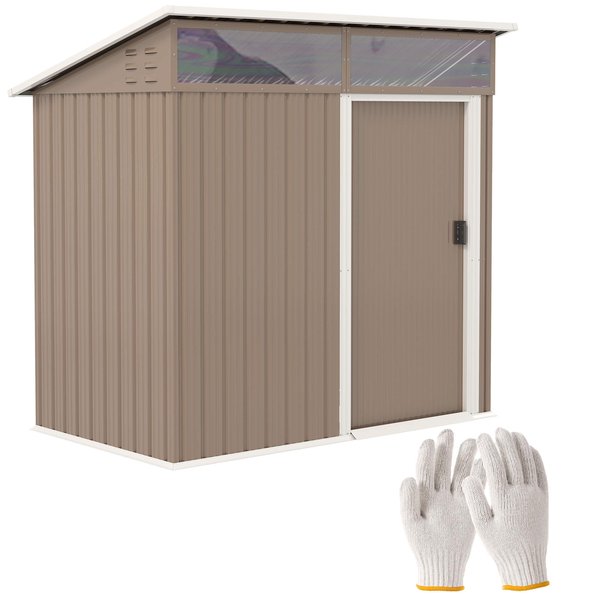 Outsunny Caseta de Jardín Metálica con Puerta Corredera Ventanas y Ventilación para Almacenaje Exterior 195x122x159/182 cm Marrón