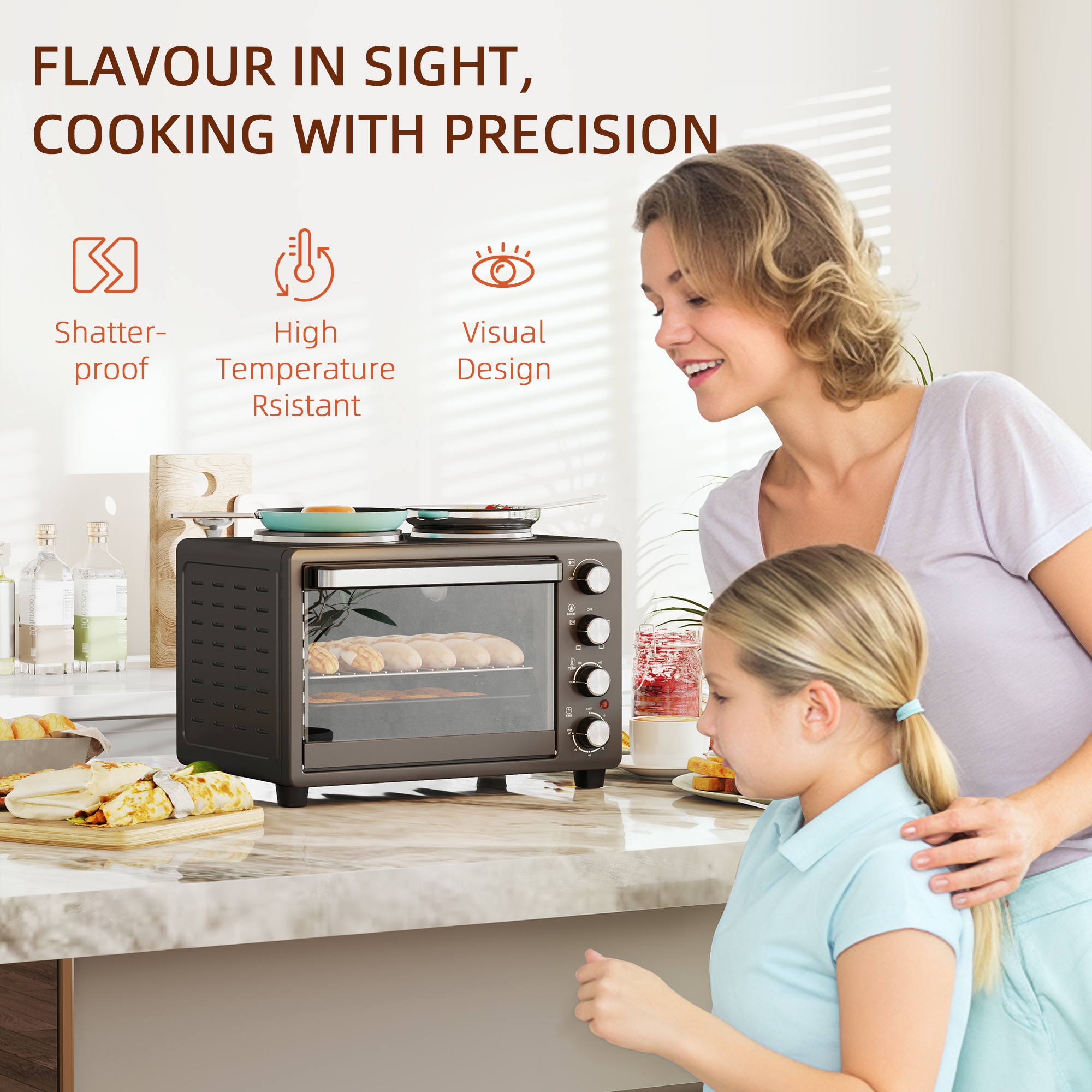 HOMCOM 28L Mini Oven with 2 Hot Plates, Countertop Toaster Oven, Grill, Roast, Bake, Boil, with Timer, Adjustable Temperature, Electric Oven with Baking Tray, Grill Rack, Crumb Tray, 2600W, Black 9