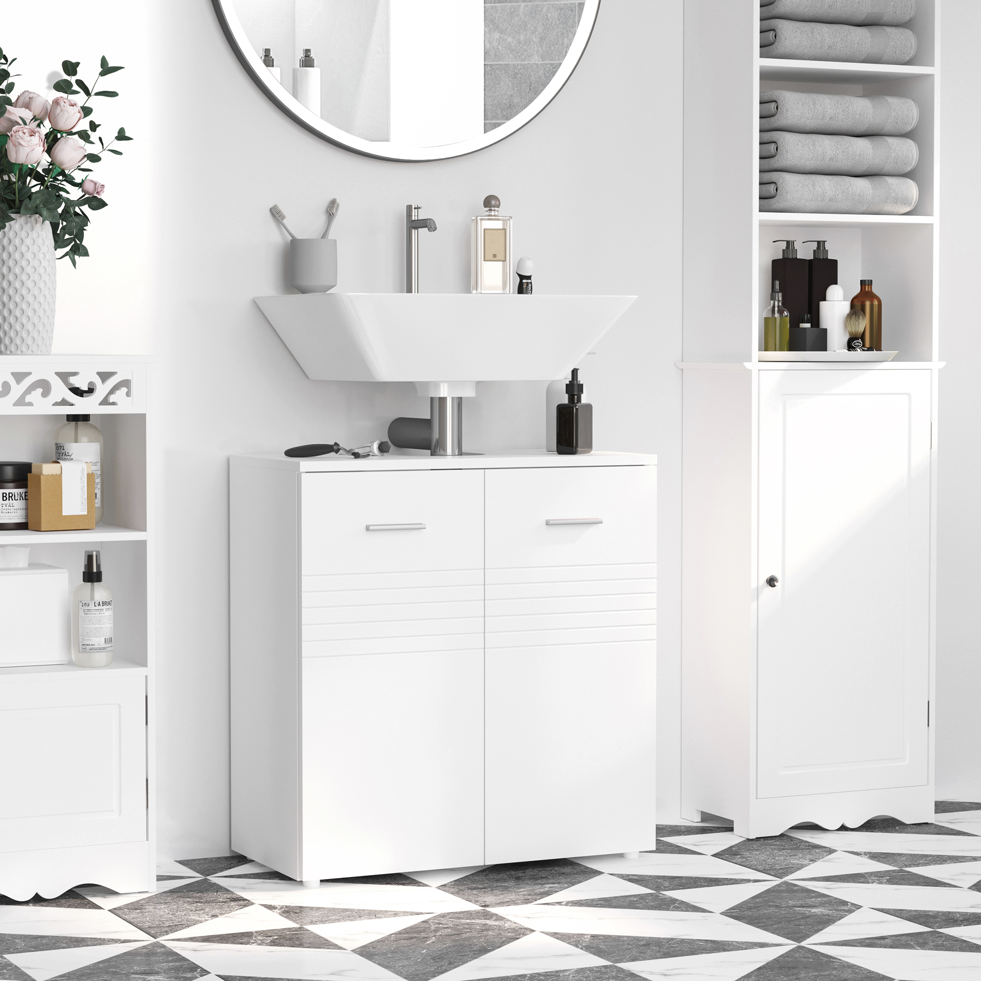 kleankin Under Sink Cabinet, Bathroom Vanity Unit, Pedestal Under Sink Design, Storage Cupboard with Adjustable Shelf, High Gloss, White 2