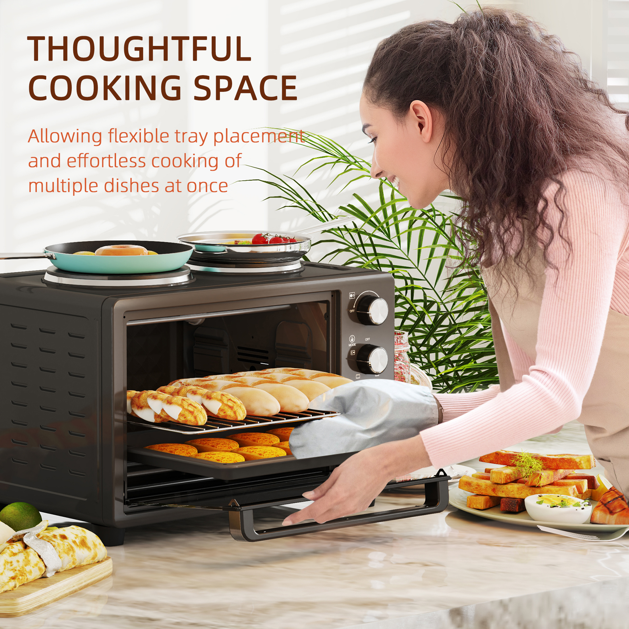 HOMCOM 28L Mini Oven with 2 Hot Plates, Countertop Toaster Oven, Grill, Roast, Bake, Boil, with Timer, Adjustable Temperature, Electric Oven with Baking Tray, Grill Rack, Crumb Tray, 2600W, Black 8