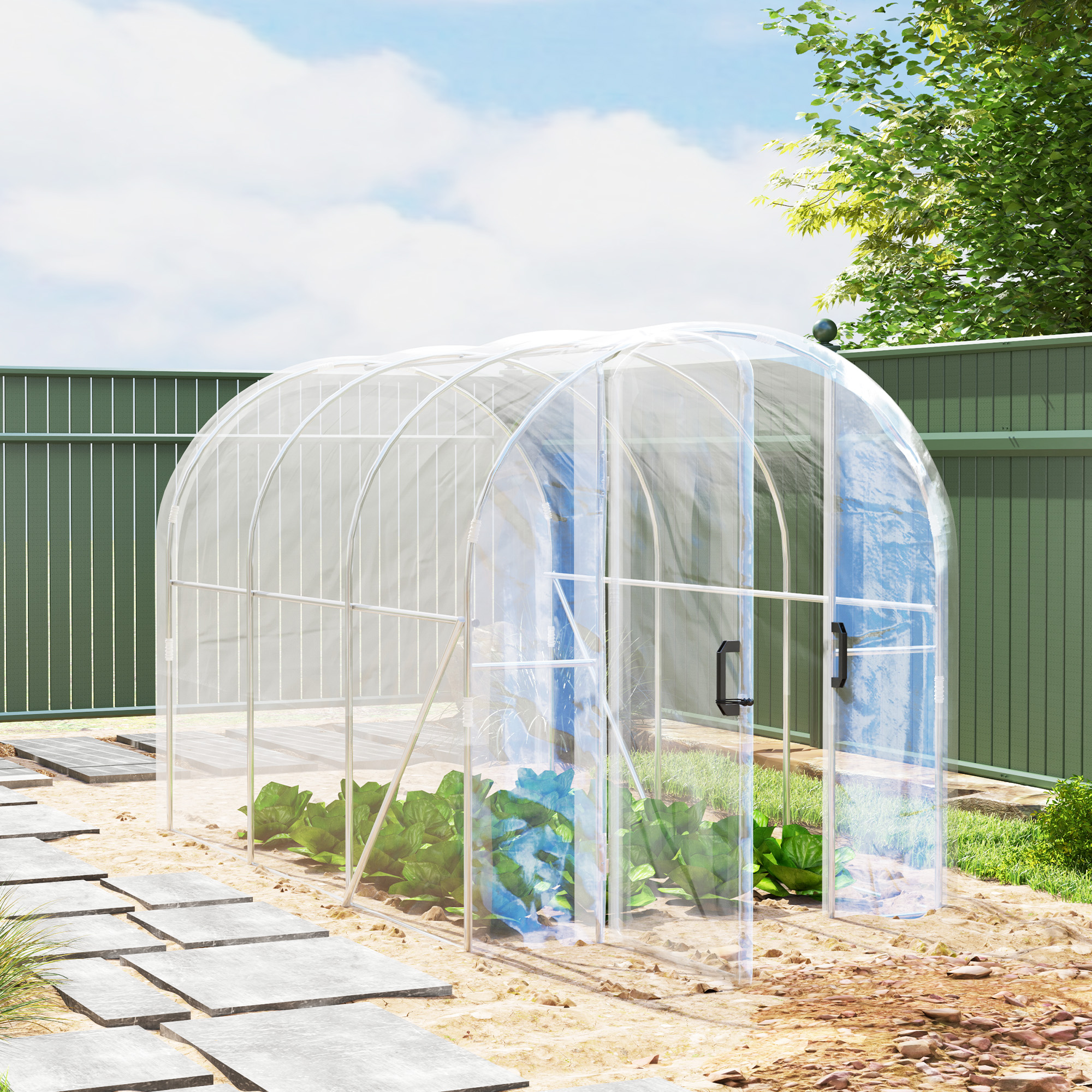 Outsunny Polytunnel Greenhouse Walk-in Grow House with PE Cover, Door and Galvanised Steel Frame, 3 x 2 x 2m, Clear 2