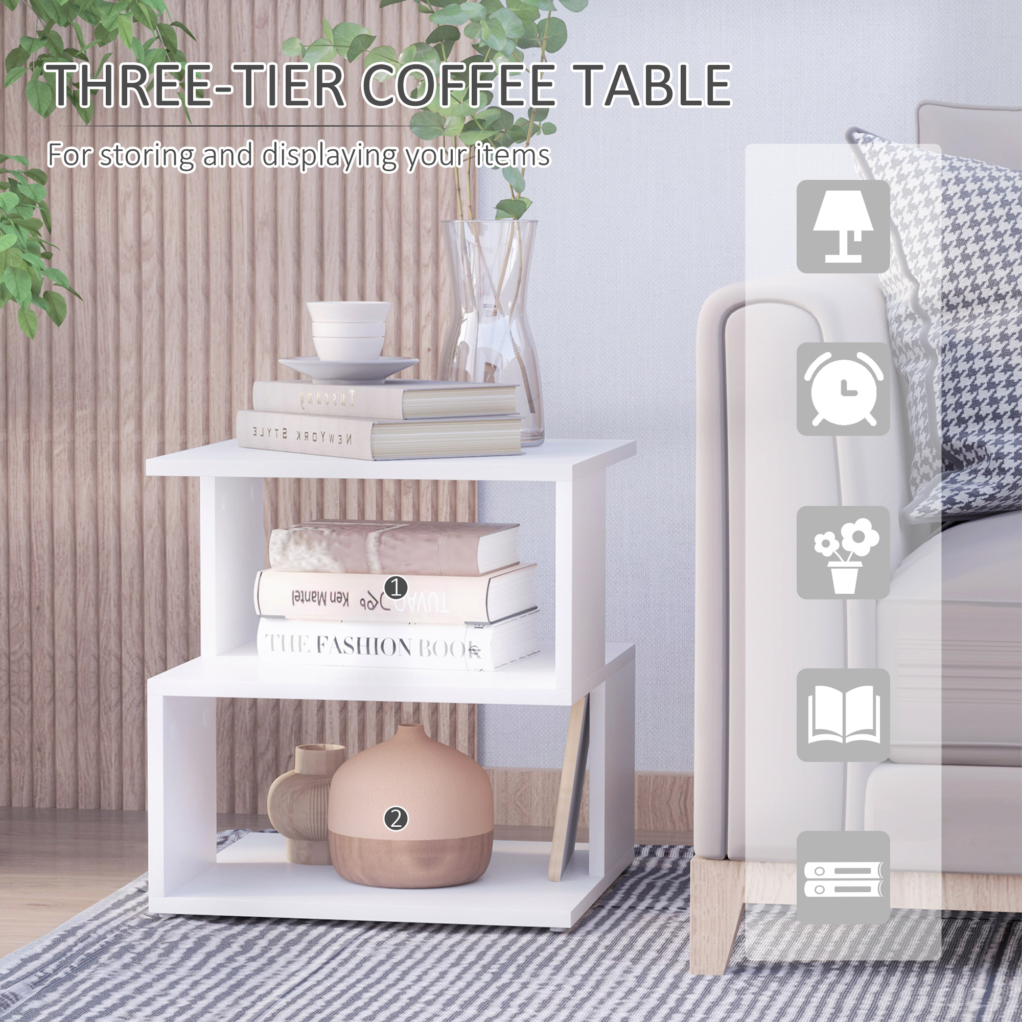 HOMCOM Set of 2 Side Table, Square Coffee Table, Modern End Table with 2 Tier Storage Shelves for Living Room, Bedroom, White 6