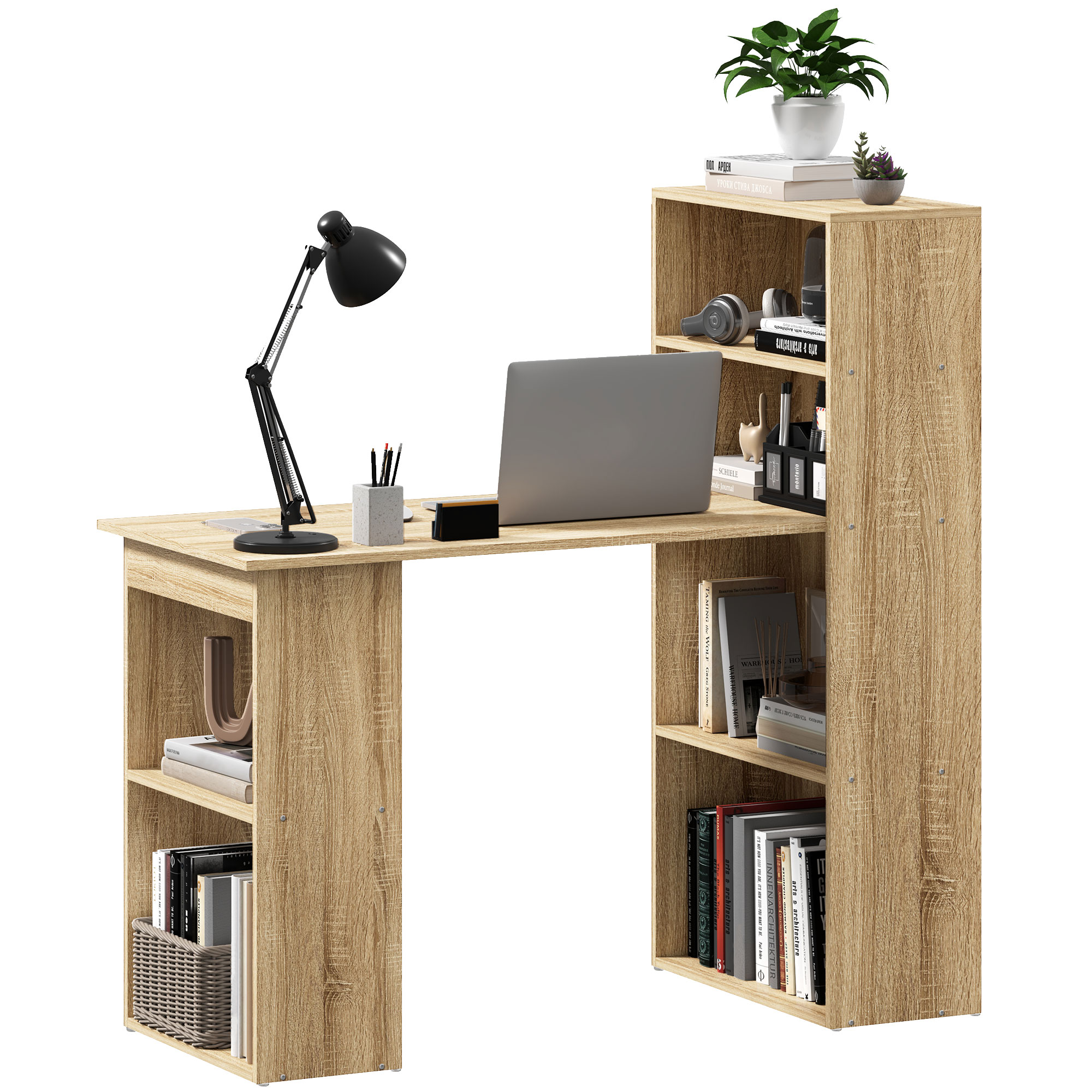 HOMCOM Bureau Informatique avec étagère de rangement Bureau d'angle bibliothèque adjacente Multi-rangements Chêne