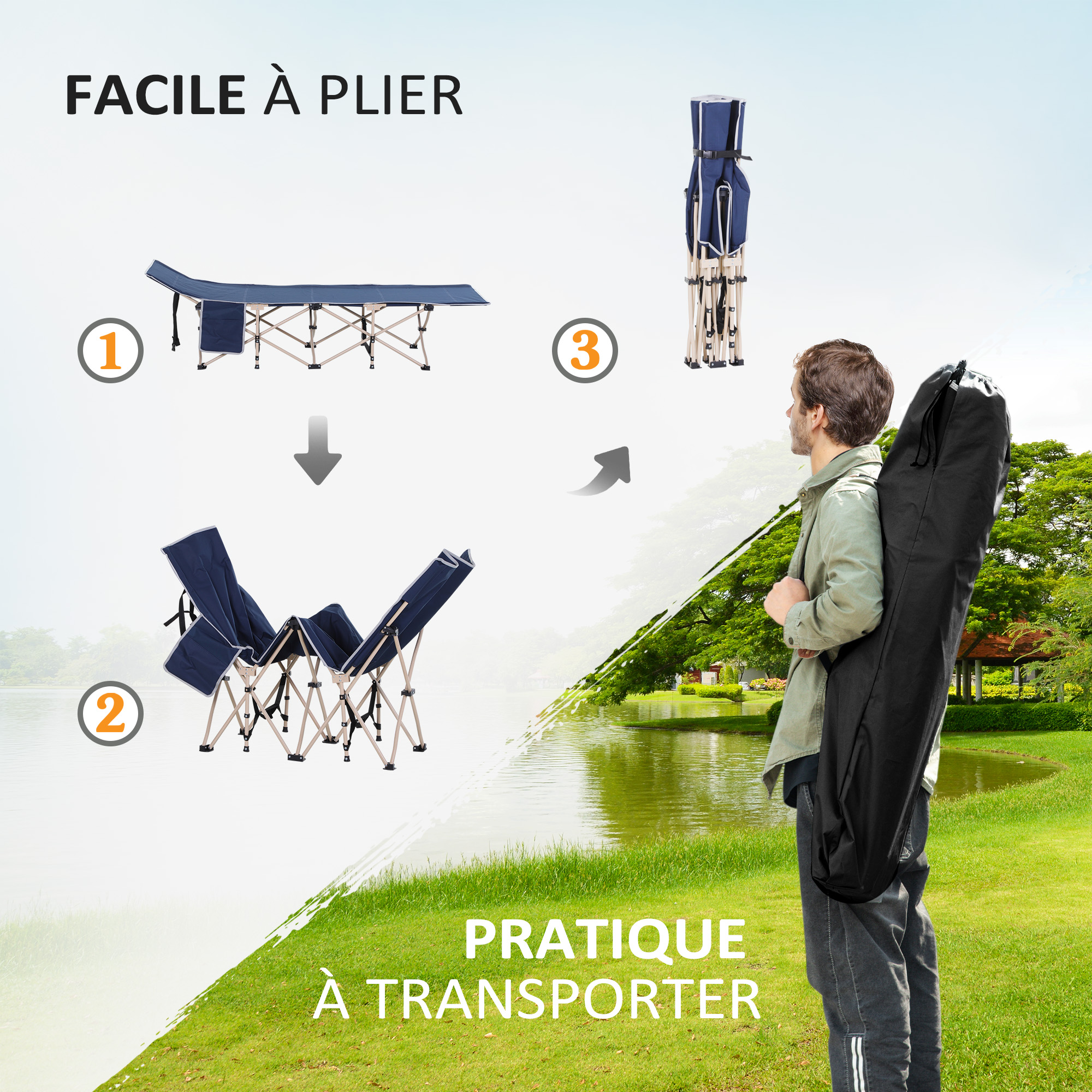 Lit De Camp Julido XL – Acier, 190x64x42 Cm, Housse Polyester, Charge 150 Kg, Pliable, 6 Kg – Camping Et Invités