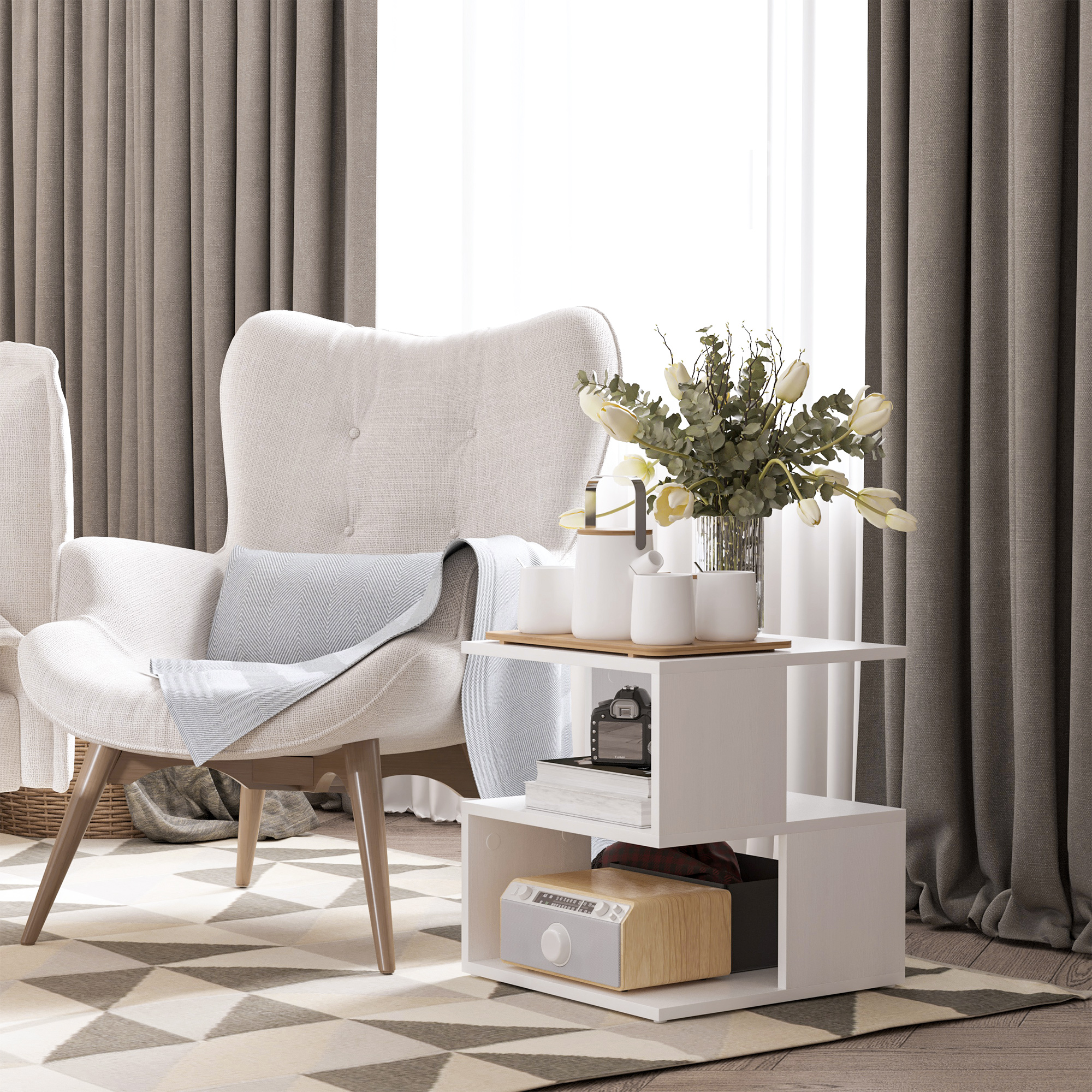 HOMCOM Set of 2 Side Table, Square Coffee Table, Modern End Table with 2 Tier Storage Shelves for Living Room, Bedroom, White 4