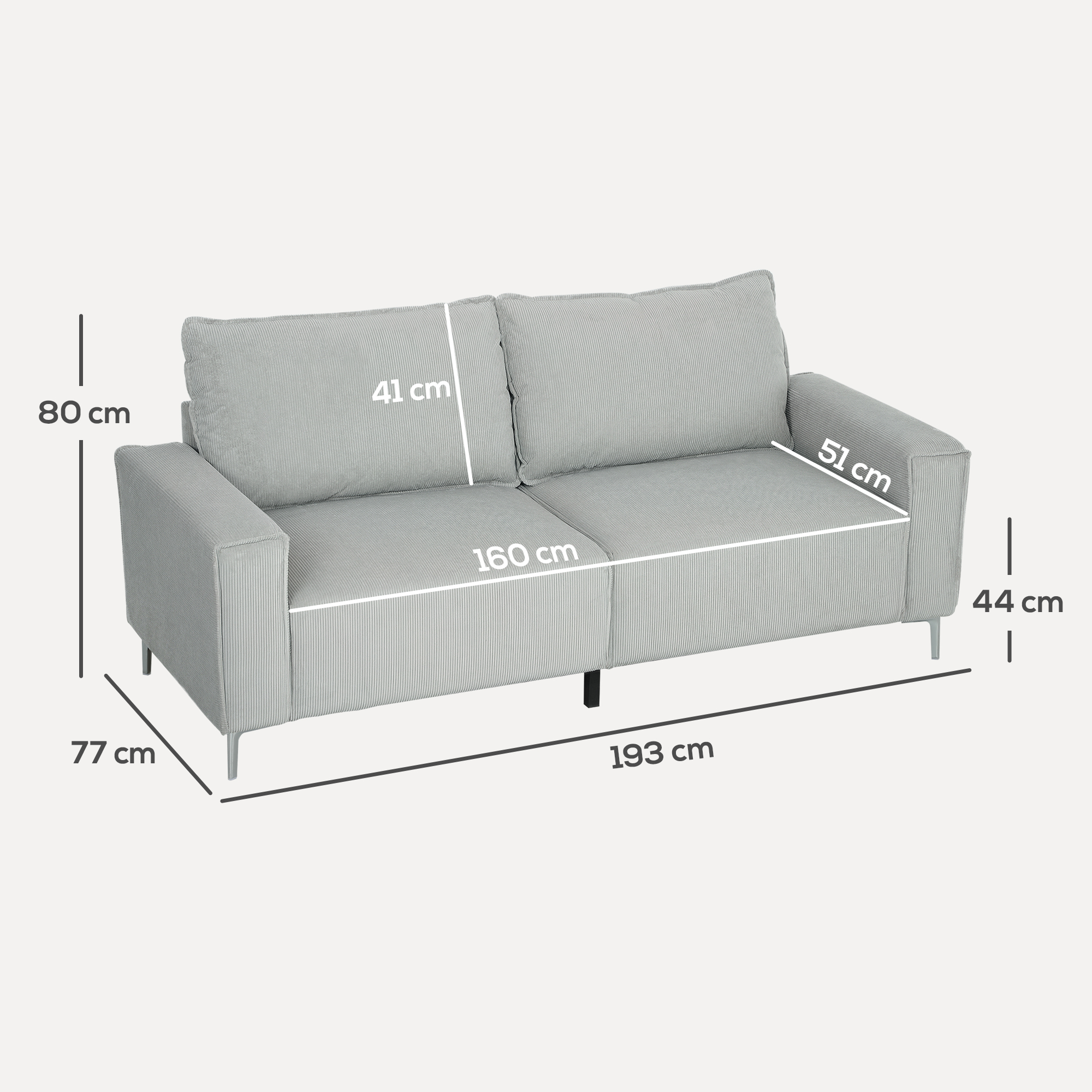 HOMCOM Three-Seater Corduroy Light Grey 3