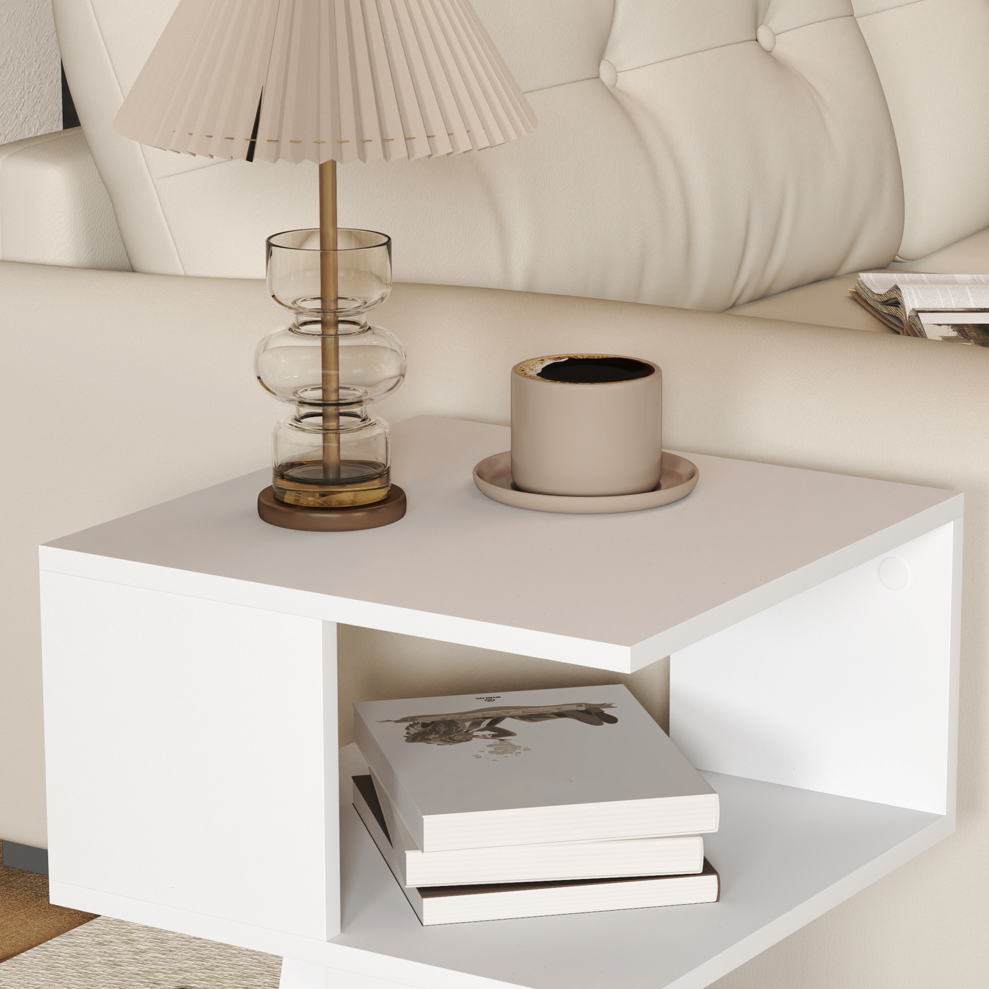 HOMCOM Set of 2 Side Table, Square Coffee Table, Modern End Table with 2 Tier Storage Shelves for Living Room, Bedroom, White 8