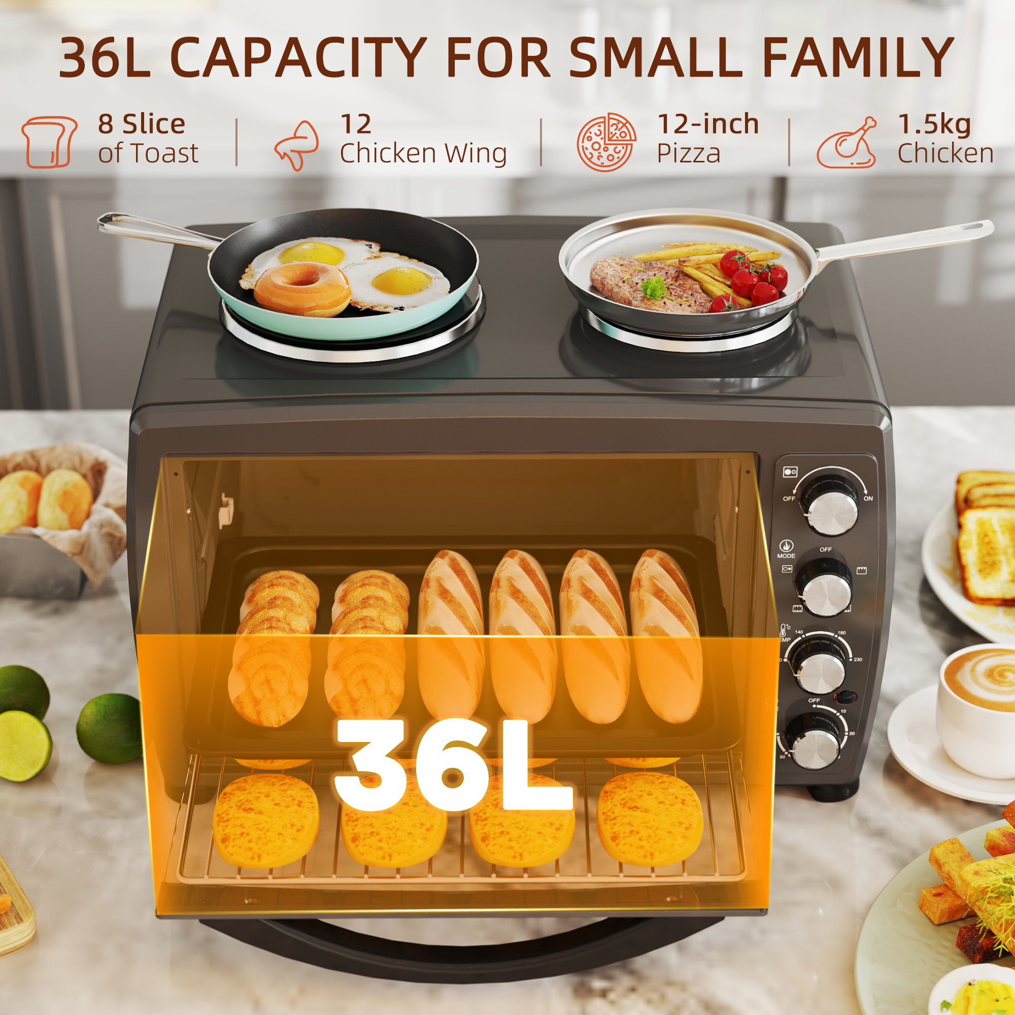 HOMCOM 36L Small Oven with 2 Hot Plates, Countertop Toaster Oven, Grill, Roast, Bake, Boil, with Timer, Adjustable Temperature, Electric Oven with Baking Tray, Grill Rack, Crumb Tray, 2600W, Black 5