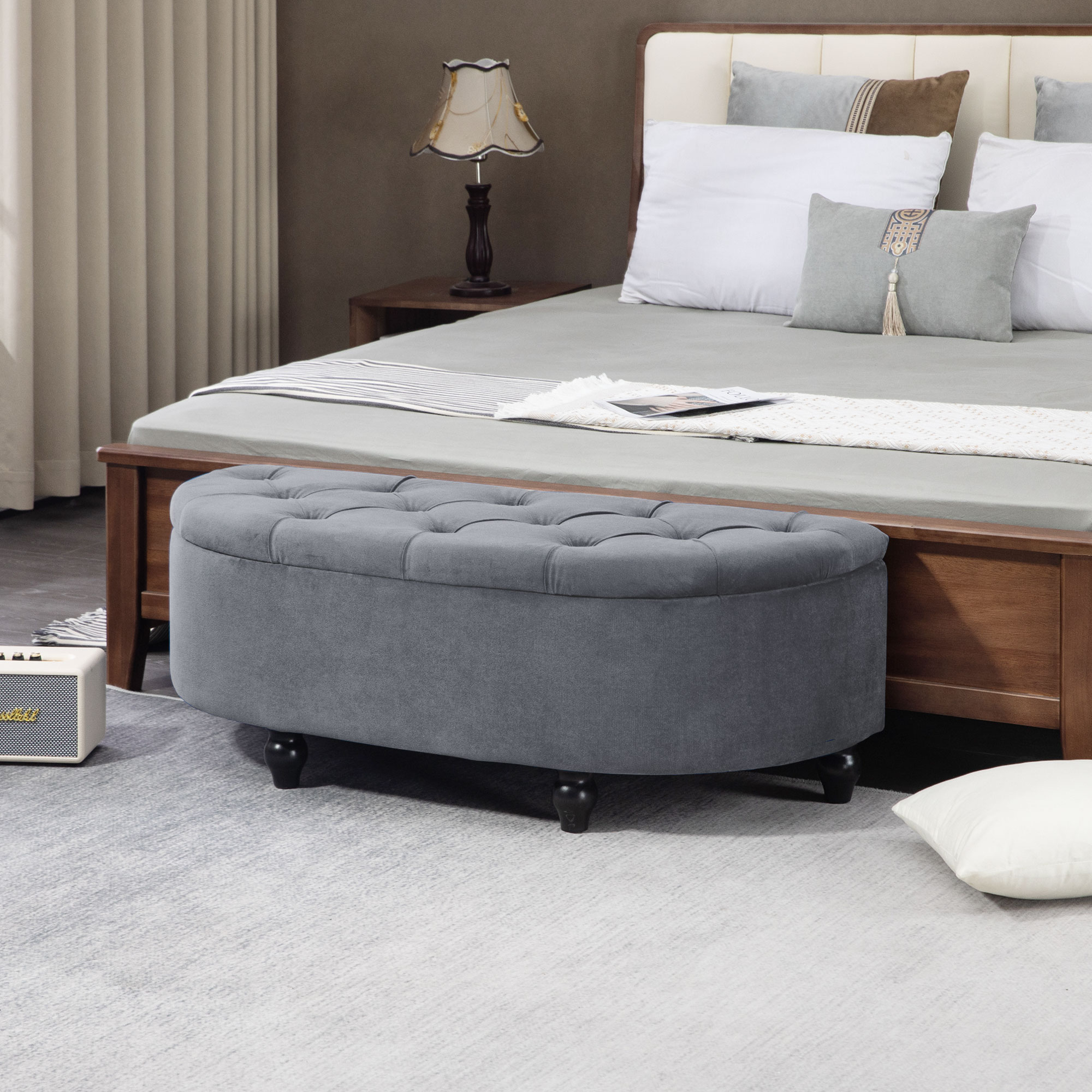 HOMCOM Velvet-Feel Half Circle Storage Ottoman Dark Grey 2