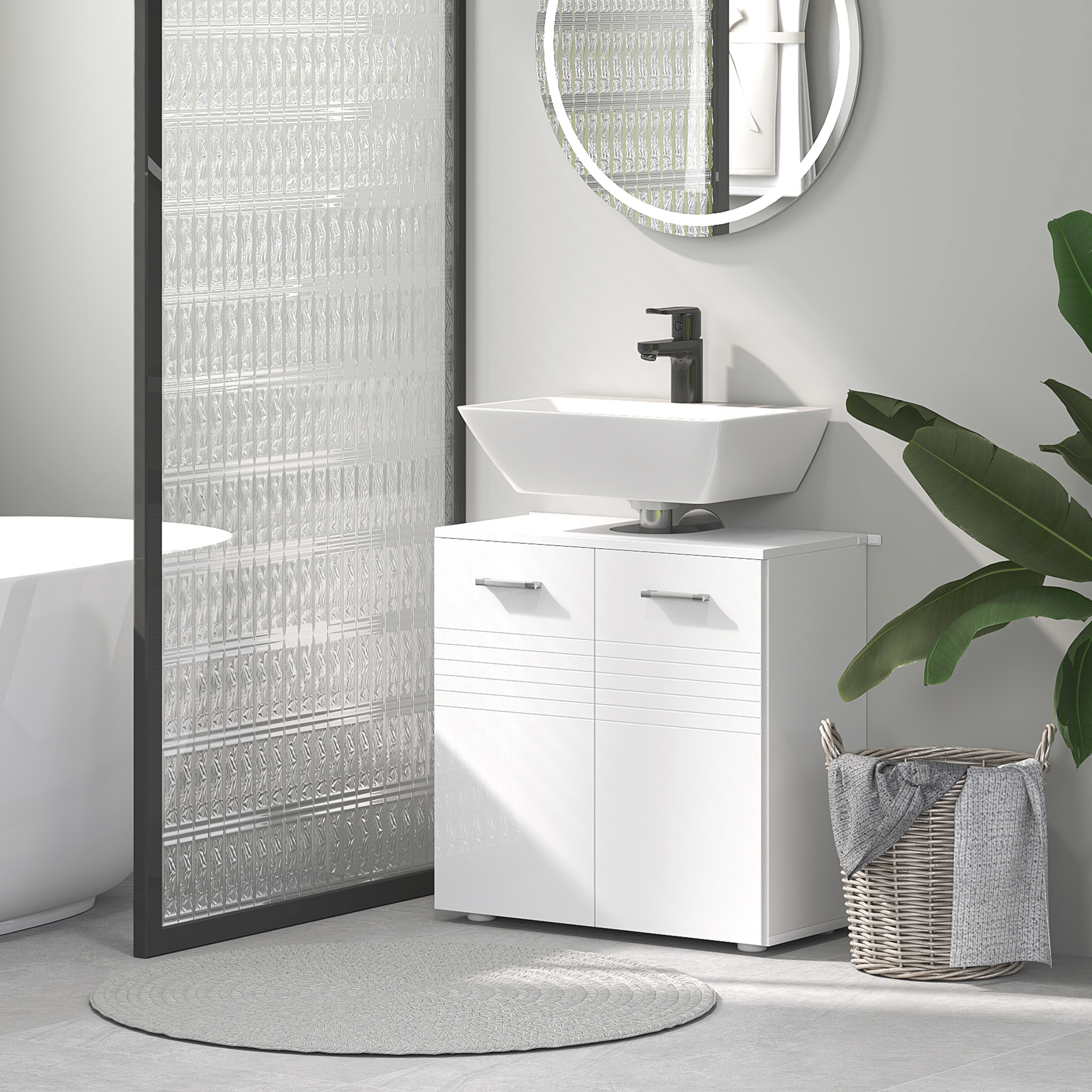 kleankin Under Sink Cabinet, Bathroom Vanity Unit, Pedestal Under Sink Design, Storage Cupboard with Adjustable Shelf, High Gloss, White 8