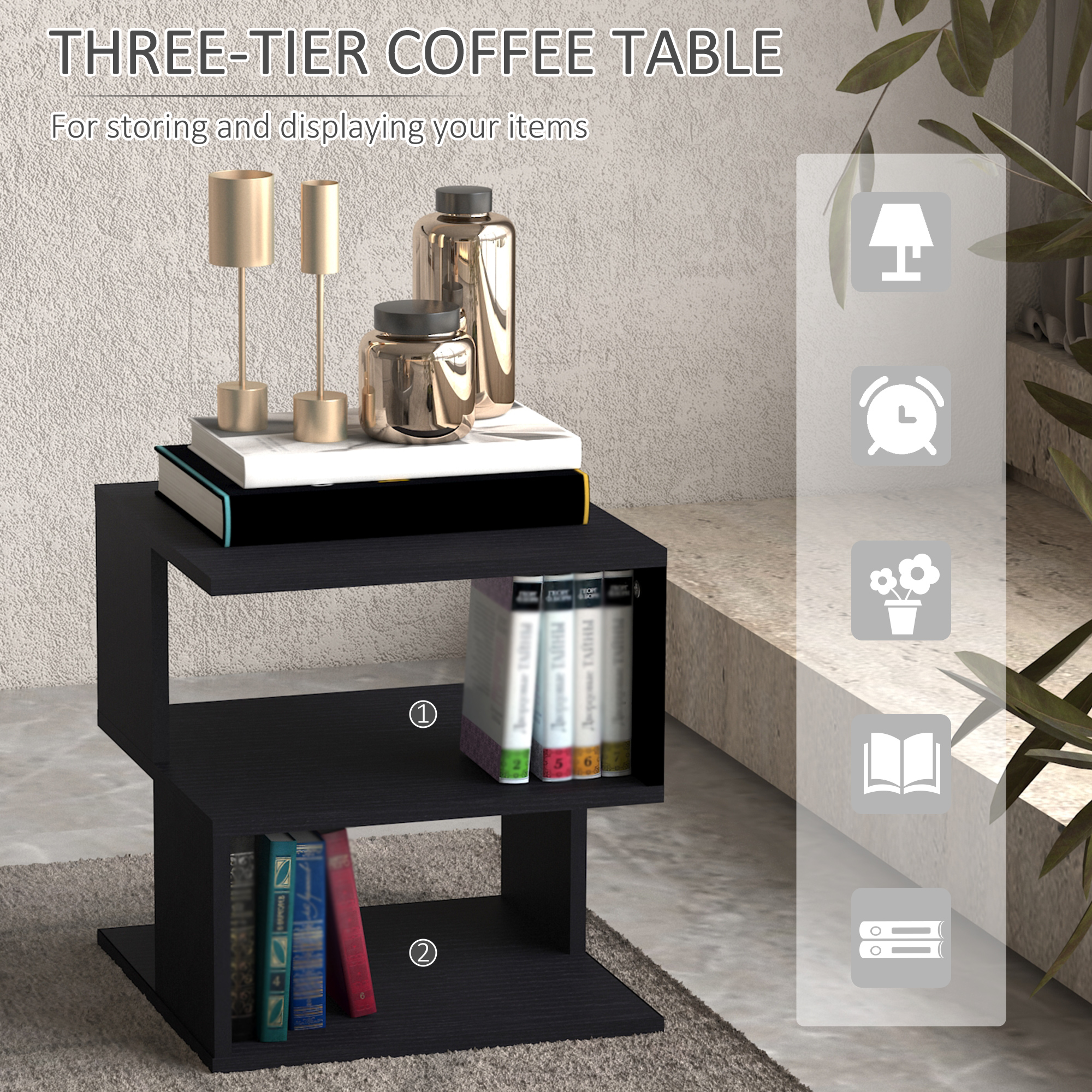 HOMCOM Set of 2 Side Table Square Coffee Table, Modern End Table with 2 Tier Storage Shelves for Living Room, Bedroom, Black 5
