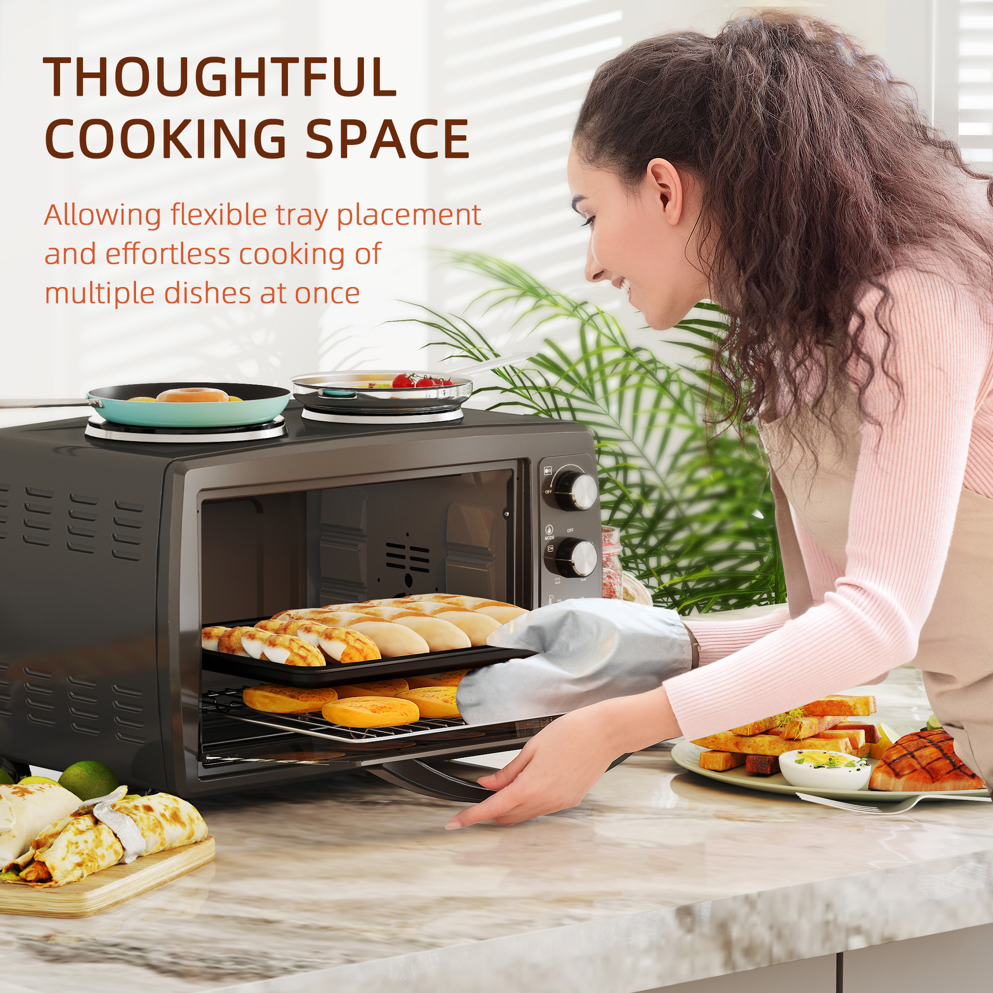 HOMCOM 36L Small Oven with 2 Hot Plates, Countertop Toaster Oven, Grill, Roast, Bake, Boil, with Timer, Adjustable Temperature, Electric Oven with Baking Tray, Grill Rack, Crumb Tray, 2600W, Black 8