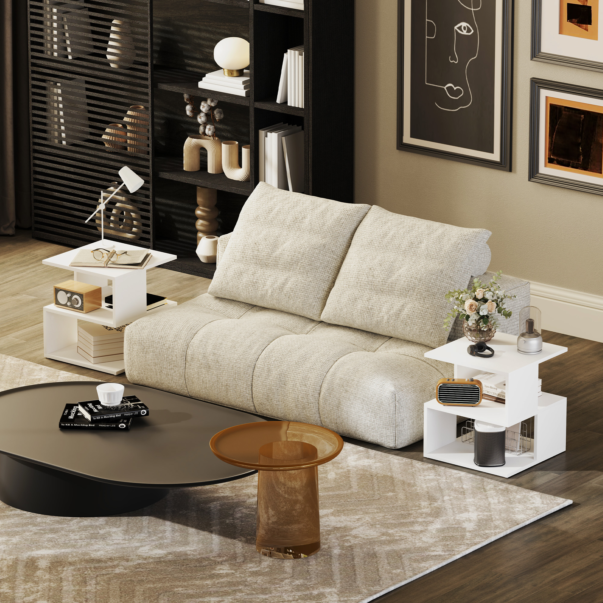 HOMCOM Set of 2 Side Table, Square Coffee Table, Modern End Table with 2 Tier Storage Shelves for Living Room, Bedroom, White 2