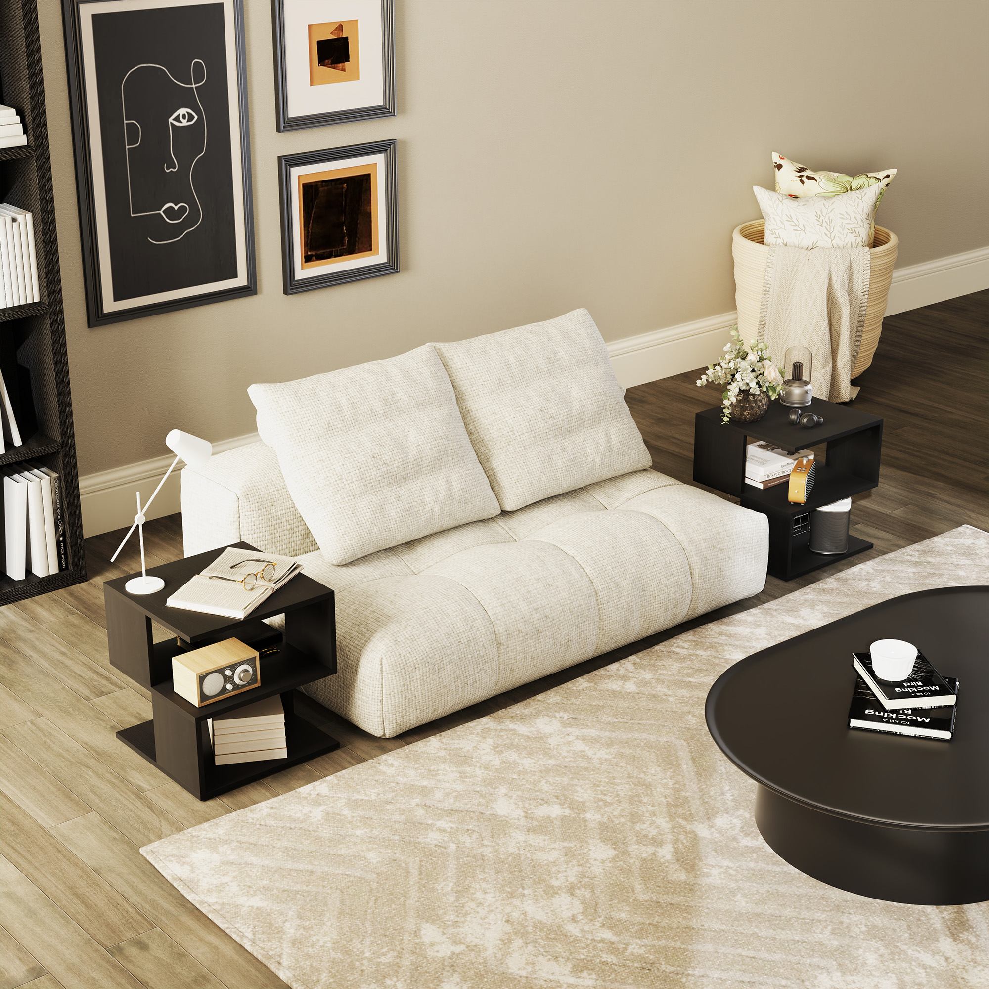 HOMCOM Set of 2 Side Table Square Coffee Table, Modern End Table with 2 Tier Storage Shelves for Living Room, Bedroom, Black 2