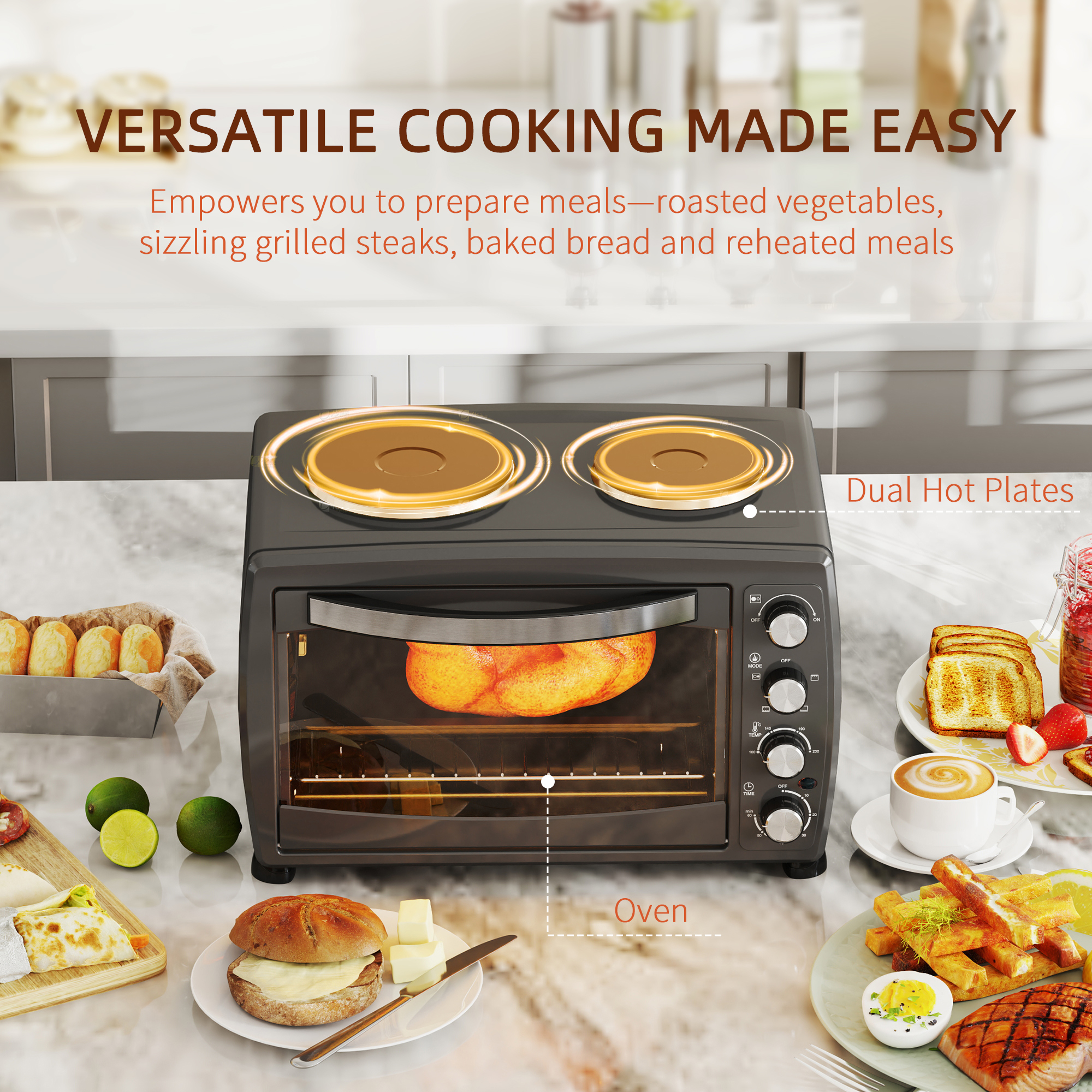 HOMCOM 36L Small Oven with 2 Hot Plates, Countertop Toaster Oven, Grill, Roast, Bake, Boil, with Timer, Adjustable Temperature, Electric Oven with Baking Tray, Grill Rack, Crumb Tray, 2600W, Black 4
