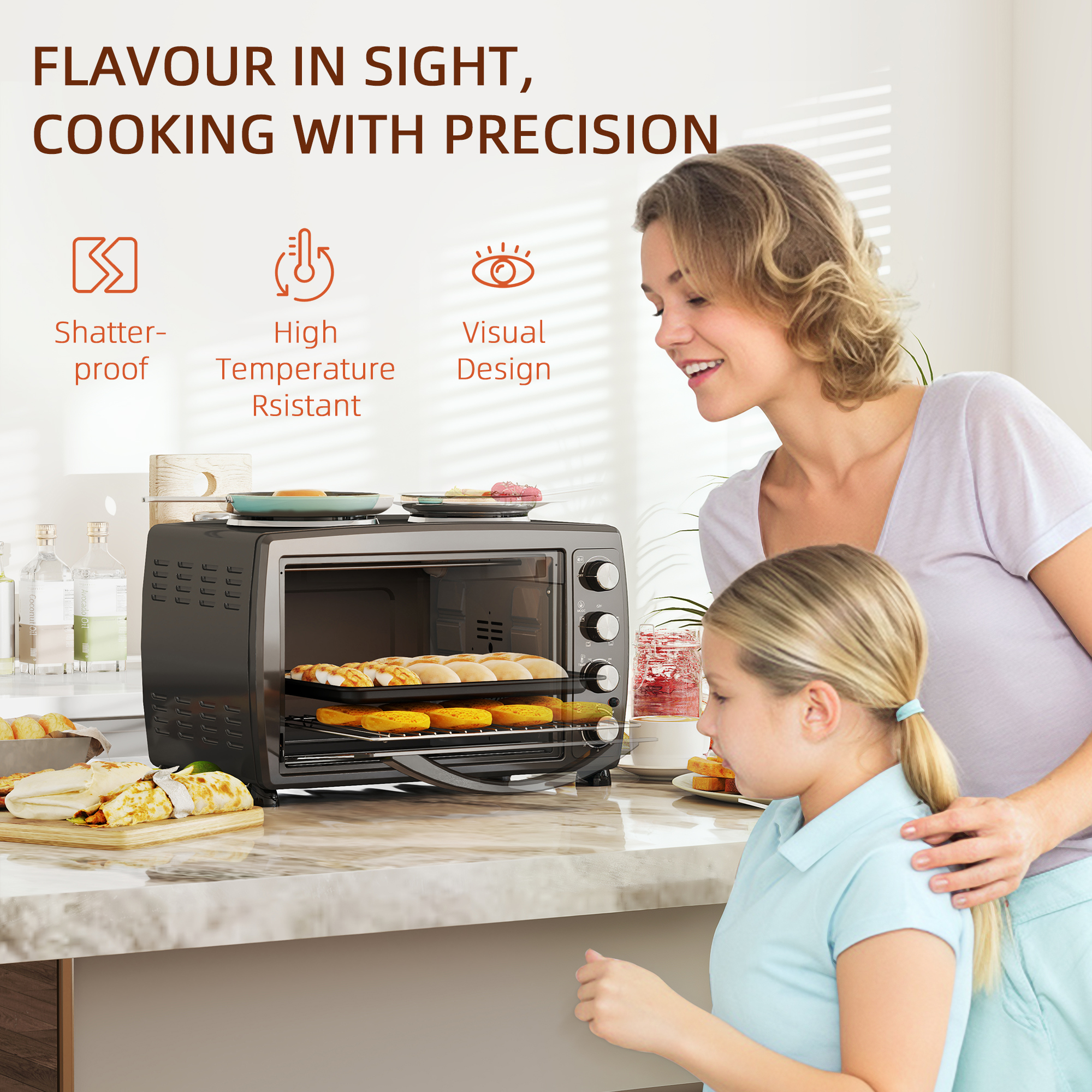 HOMCOM 36L Small Oven with 2 Hot Plates, Countertop Toaster Oven, Grill, Roast, Bake, Boil, with Timer, Adjustable Temperature, Electric Oven with Baking Tray, Grill Rack, Crumb Tray, 2600W, Black 9