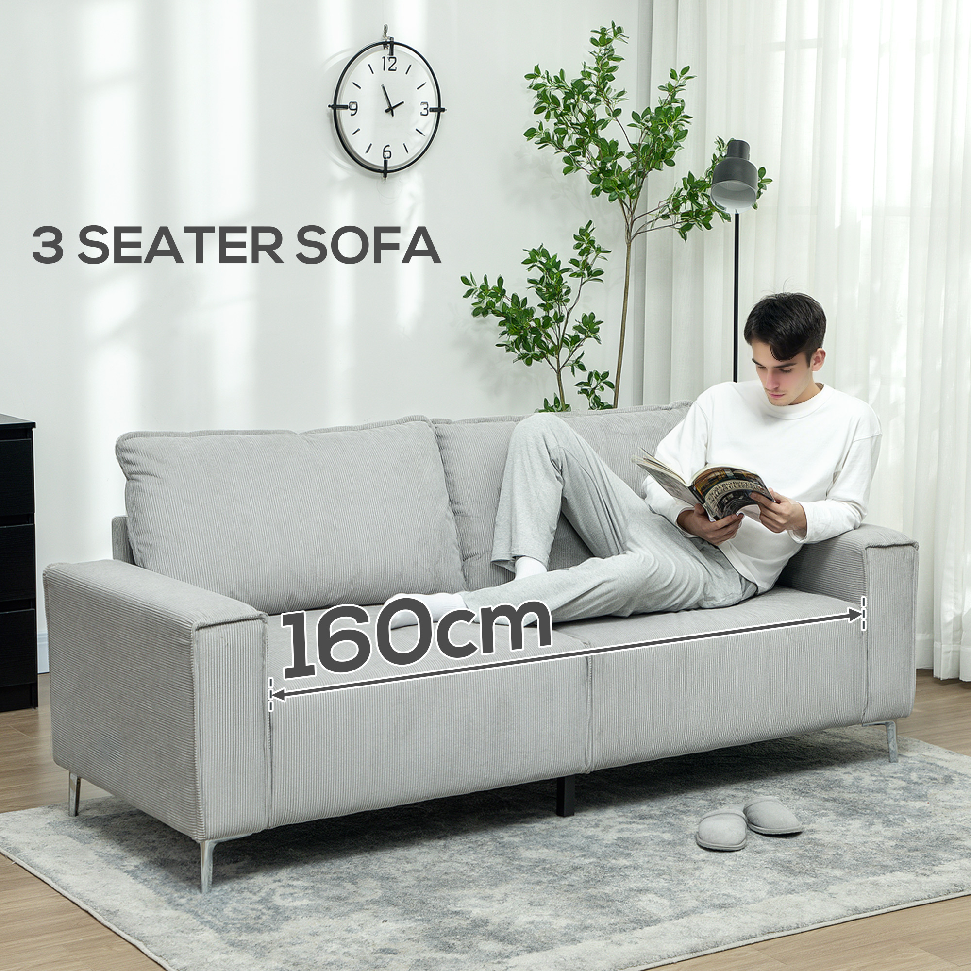 HOMCOM Three-Seater Corduroy Light Grey 4