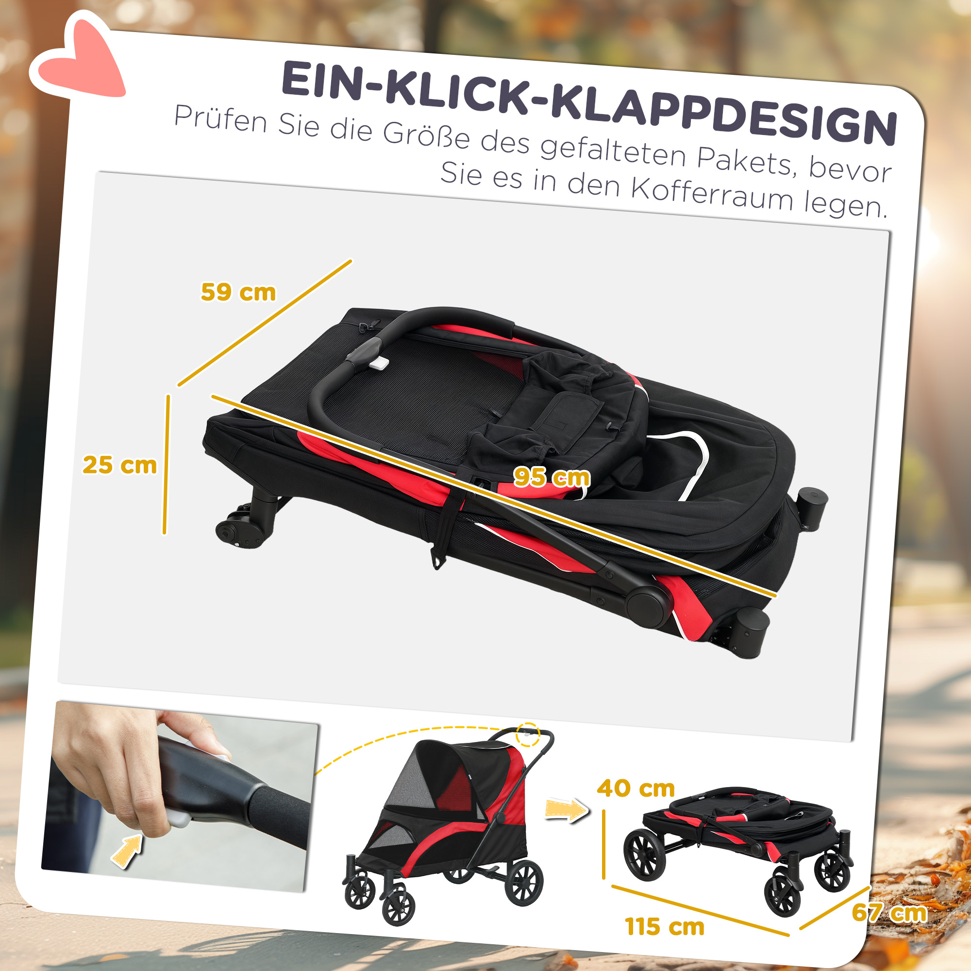 Koerakäru, kokkupandav koerakäru keskmise suurusega koertele, lemmikloomakäru 4 rattaga, turvarihmad, pidurid, must