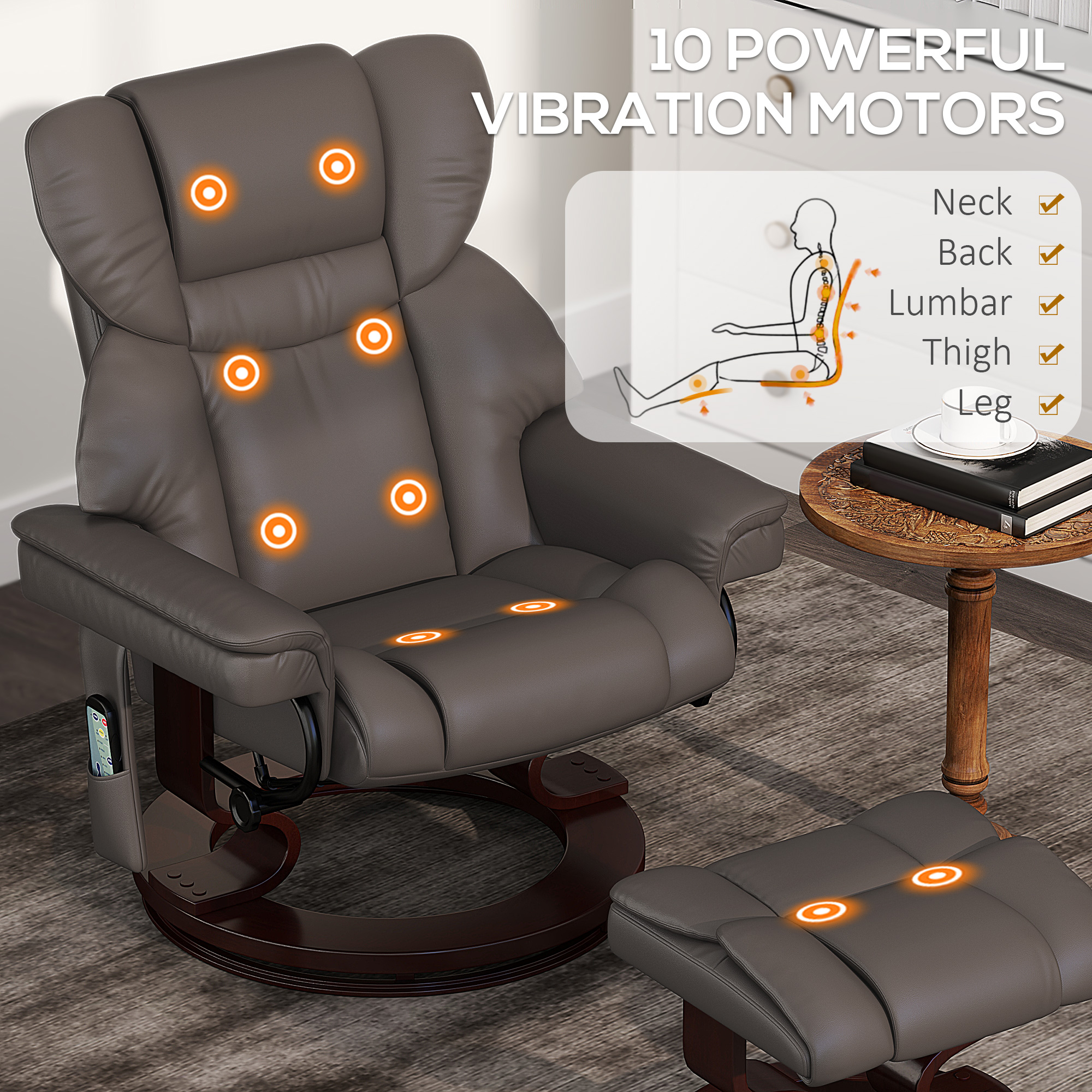 HOMCOM Massage Recliner Chair with Footstool, Upholstered Reclining Armchair with Adjustable Backrest, Steel Frame and Wood Base, Swivel Chair for Living Room, Bedroom, Brown 4