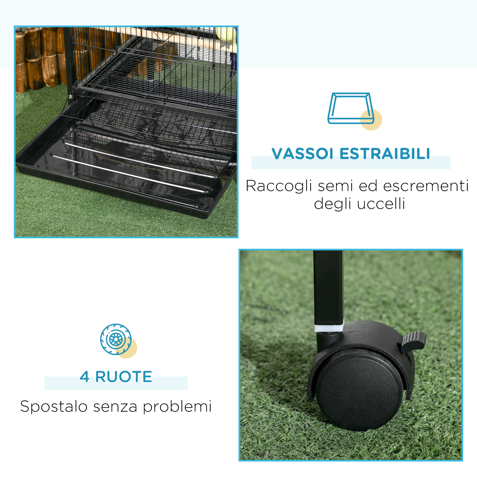 Gabbia Per Uccelli PawHut 2 In 1 - Voliera Con Ruote, 51.5x50x140cm, Nero - Foto 8