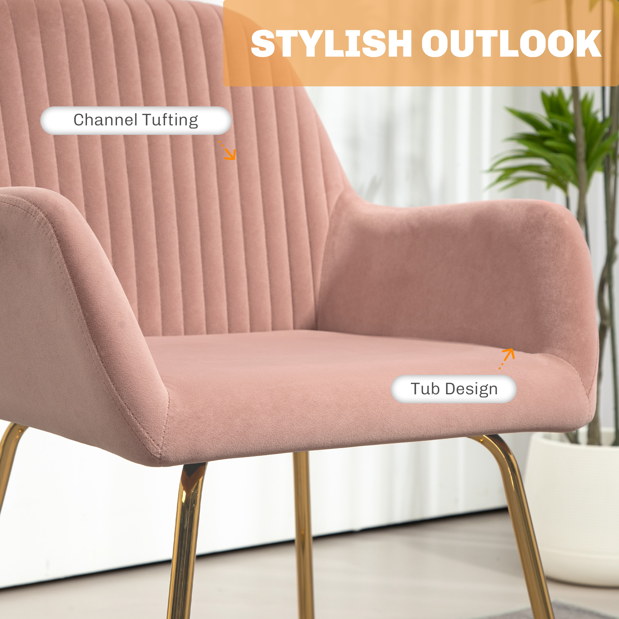 HOMCOM Modern Arm Chair Set of 2 Upholstered Accent Chair with Metal Base for Living Room Pink 4