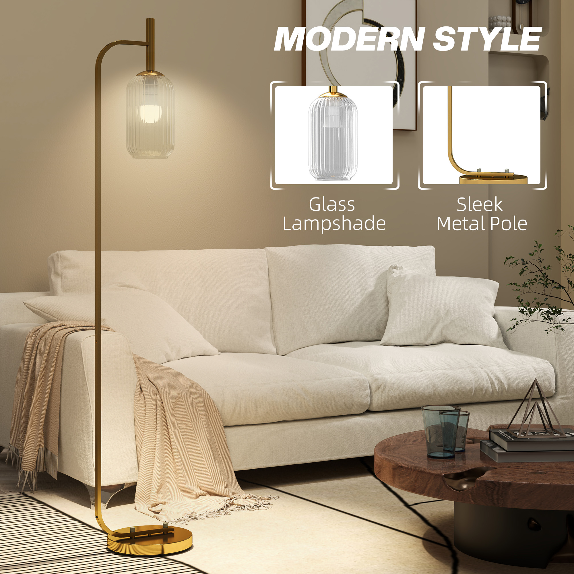 HOMCOM Floor Lamp for Living Room with Glass Lampshade, Modern Standing Lamp with Foot Switch for Bedroom, Bulb not Included, Gold Tone 4