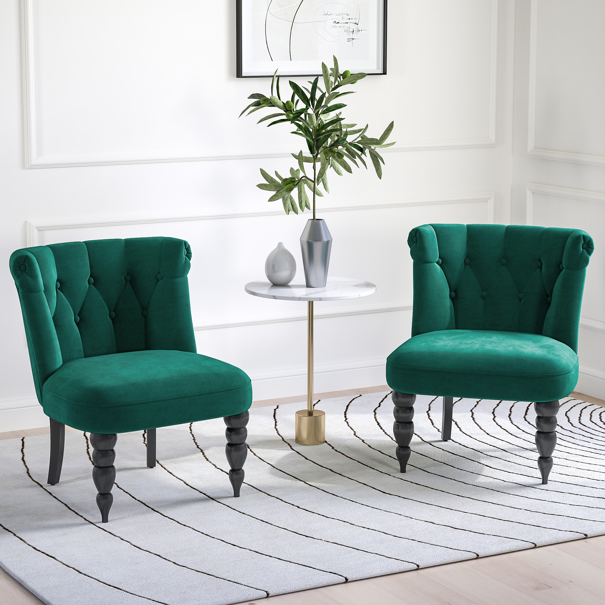 HOMCOM Velvet Accent Chair Set of 2, Button Tufted Wingback Chair with Rubber Wood Legs for Living Room, Bedroom, Dark Green 2