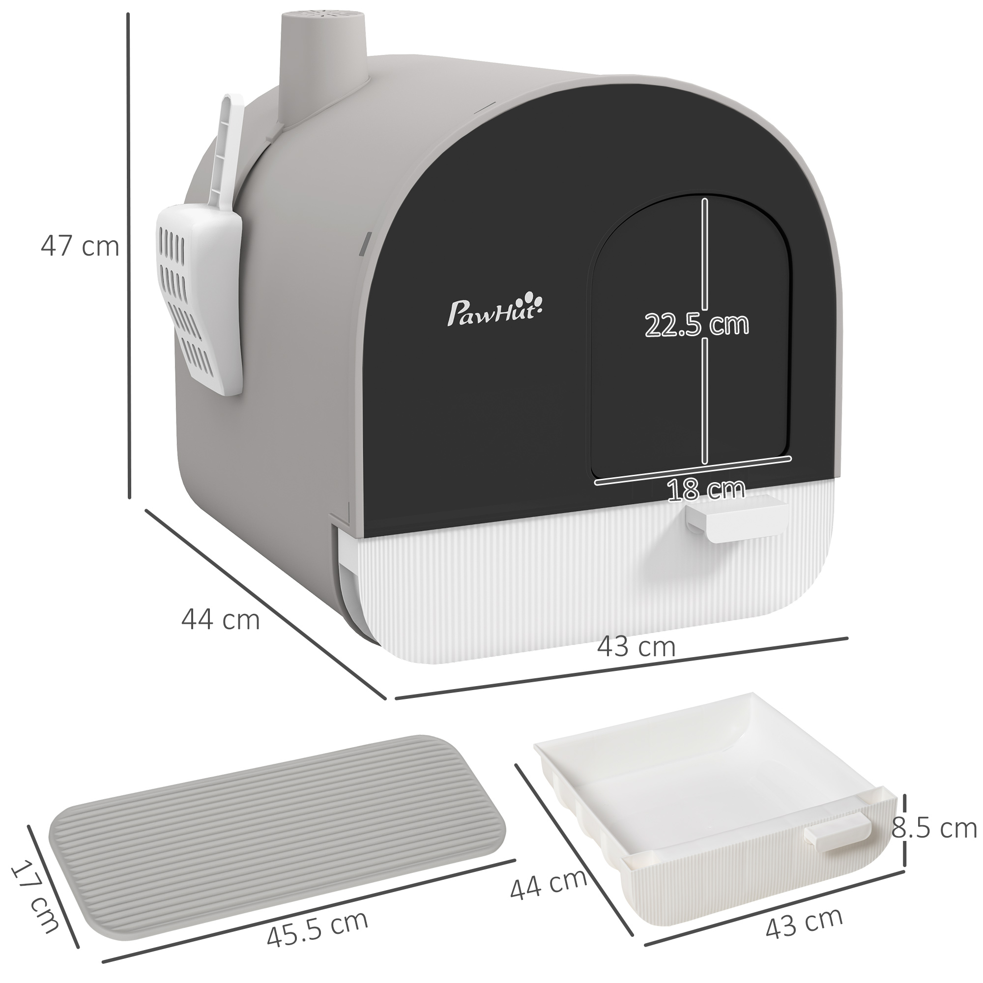 PawHut Hooded Cat Litter Box, Kitten Litter Tray, with Lid, Scoop, Filter, Flap Door, Light Grey 3