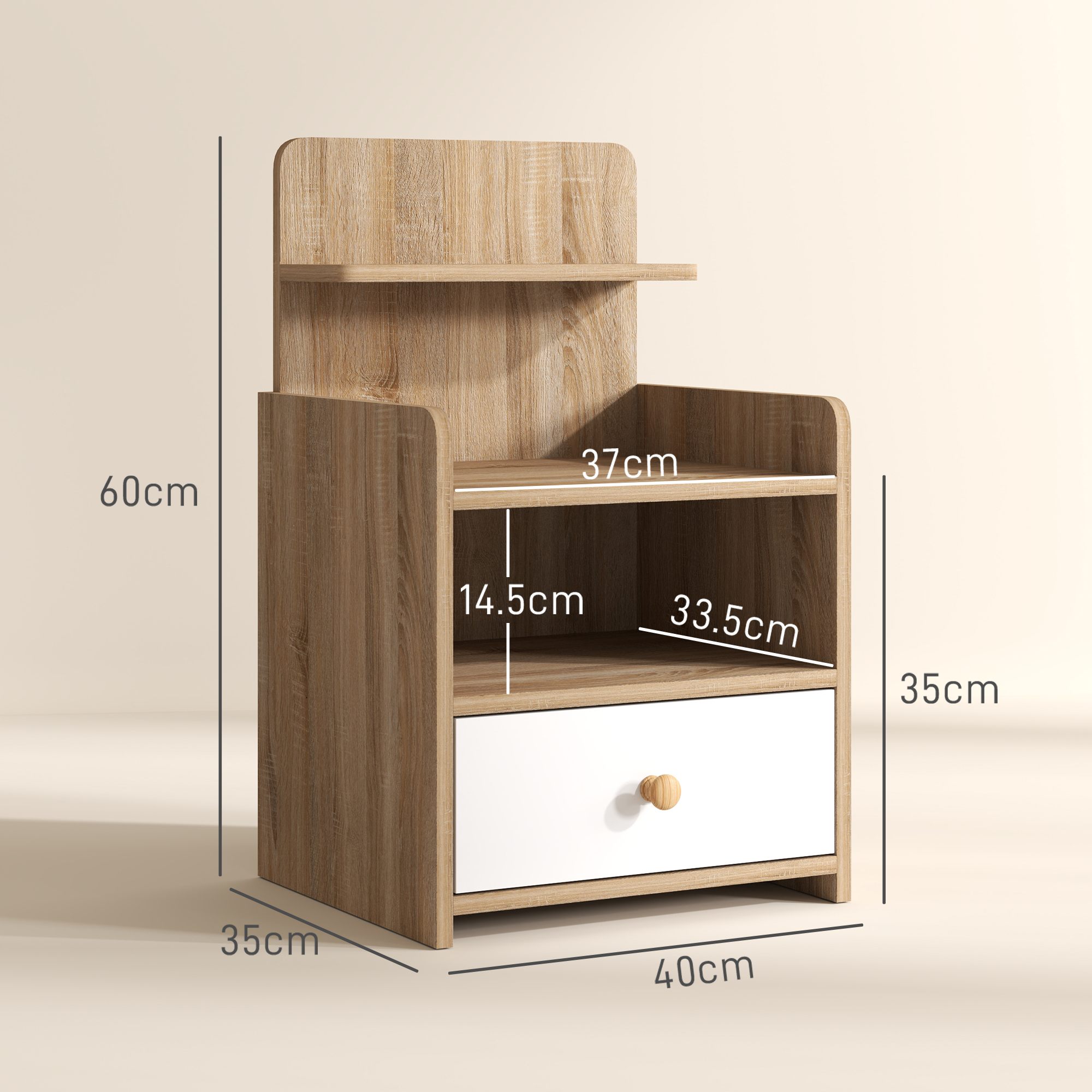 HOMCOM Multi-Storage Bedside Table White/Wood-Effect 3