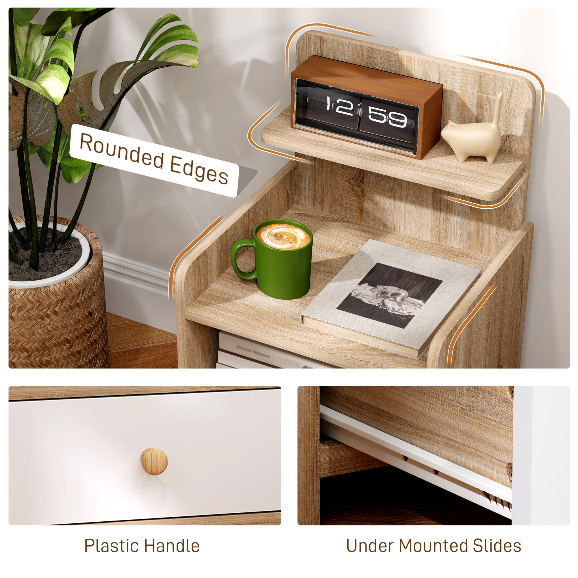 HOMCOM Multi-Storage Bedside Table White/Wood-Effect 5