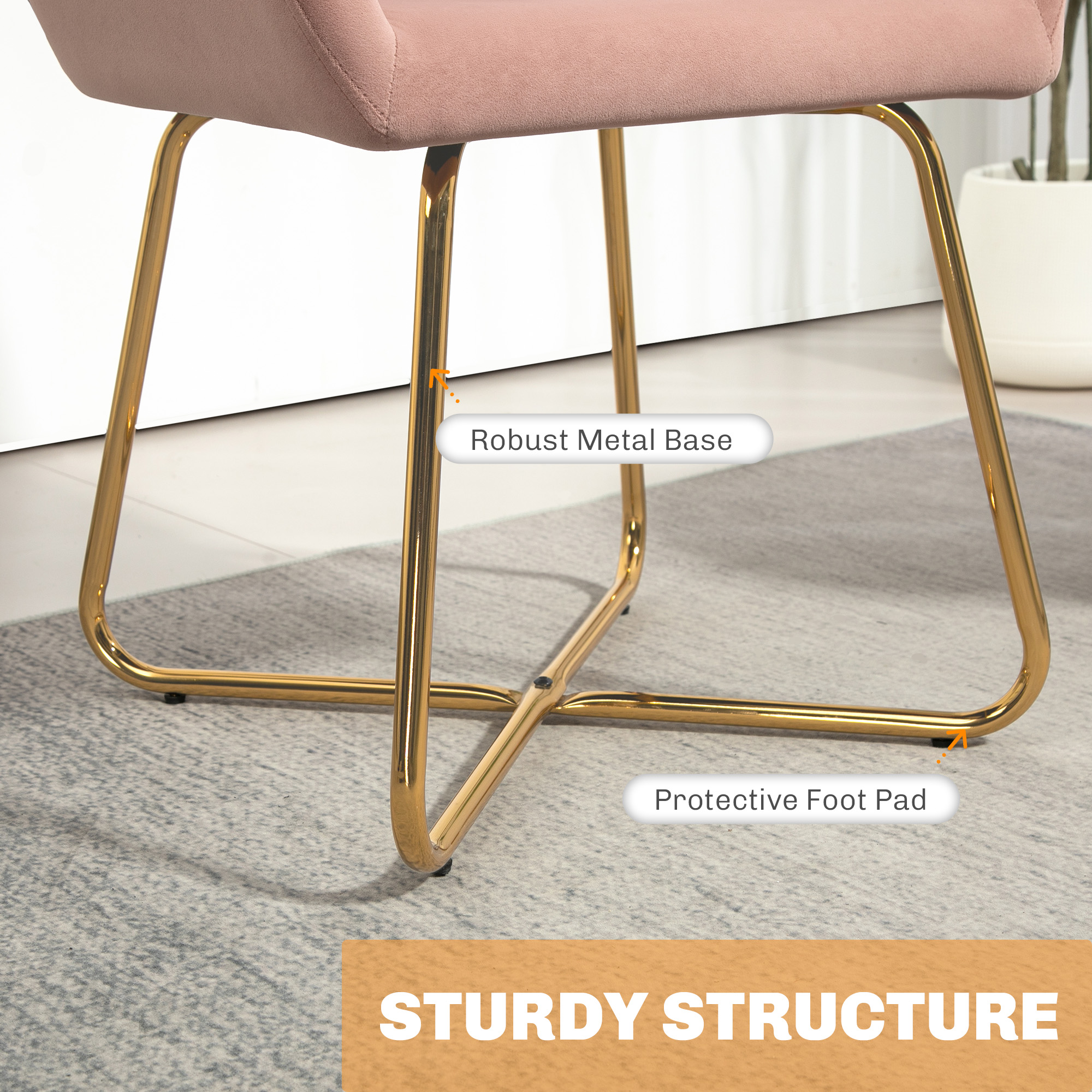 HOMCOM Modern Arm Chair Set of 2 Upholstered Accent Chair with Metal Base for Living Room Pink 6