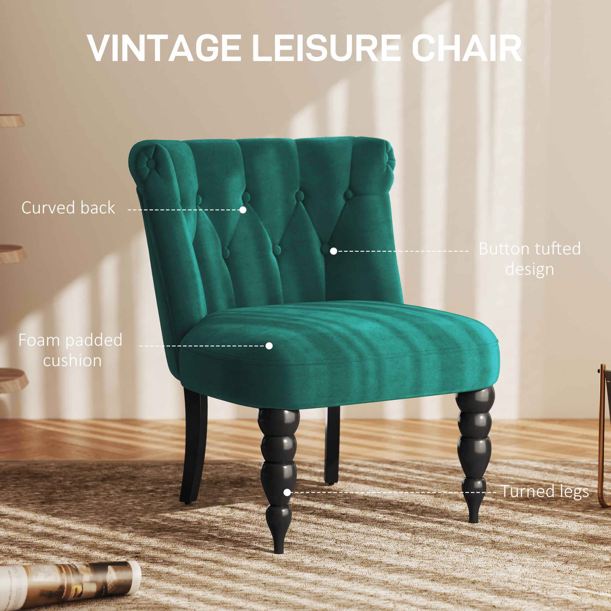 HOMCOM Velvet Accent Chair Set of 2, Button Tufted Wingback Chair with Rubber Wood Legs for Living Room, Bedroom, Dark Green 4