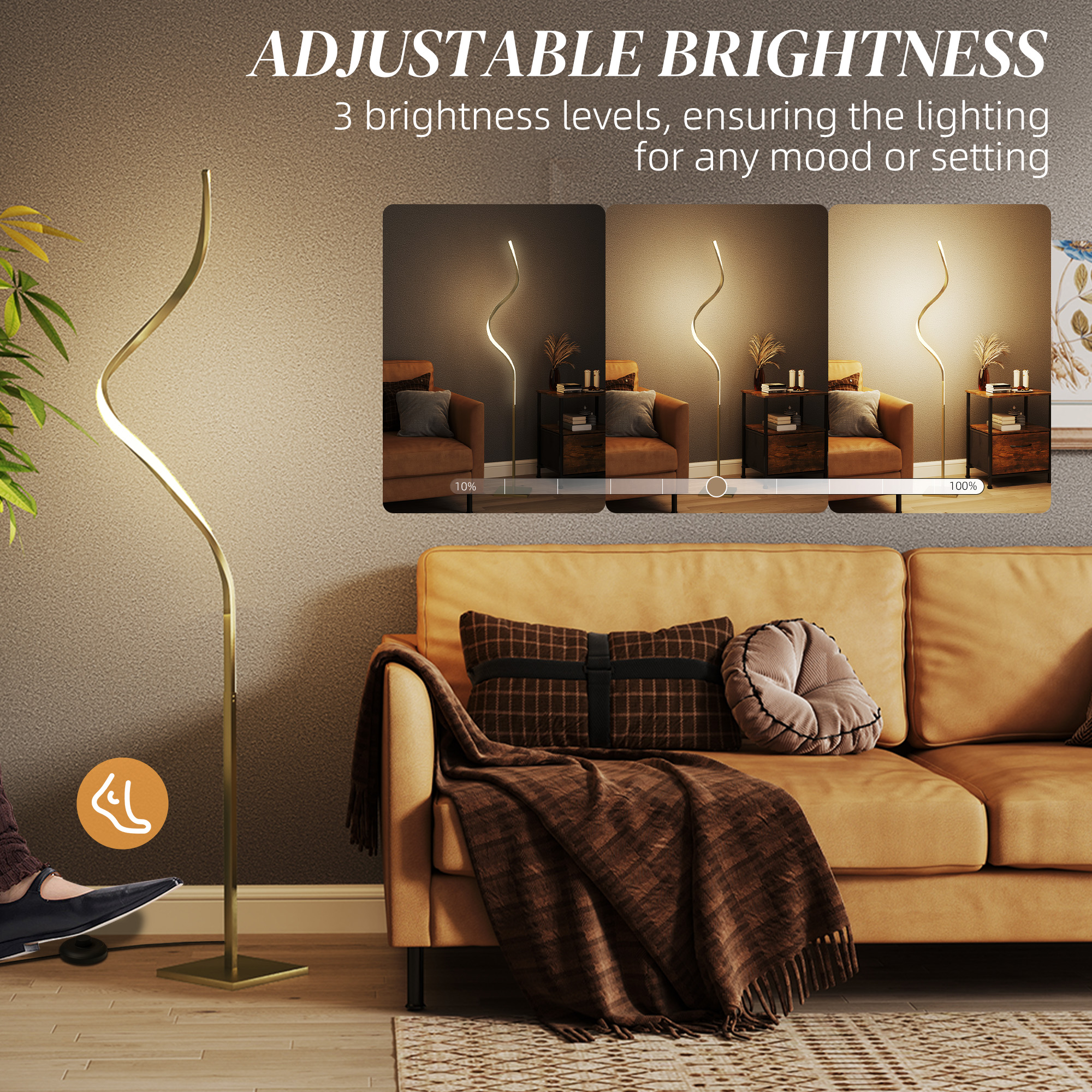 HOMCOM LED Floor Lamp with 3 Adjustable Brightness, Modern Dimmable Standing Lamp with Foot Switch for Bedroom, Living Room, Gold Tone 5