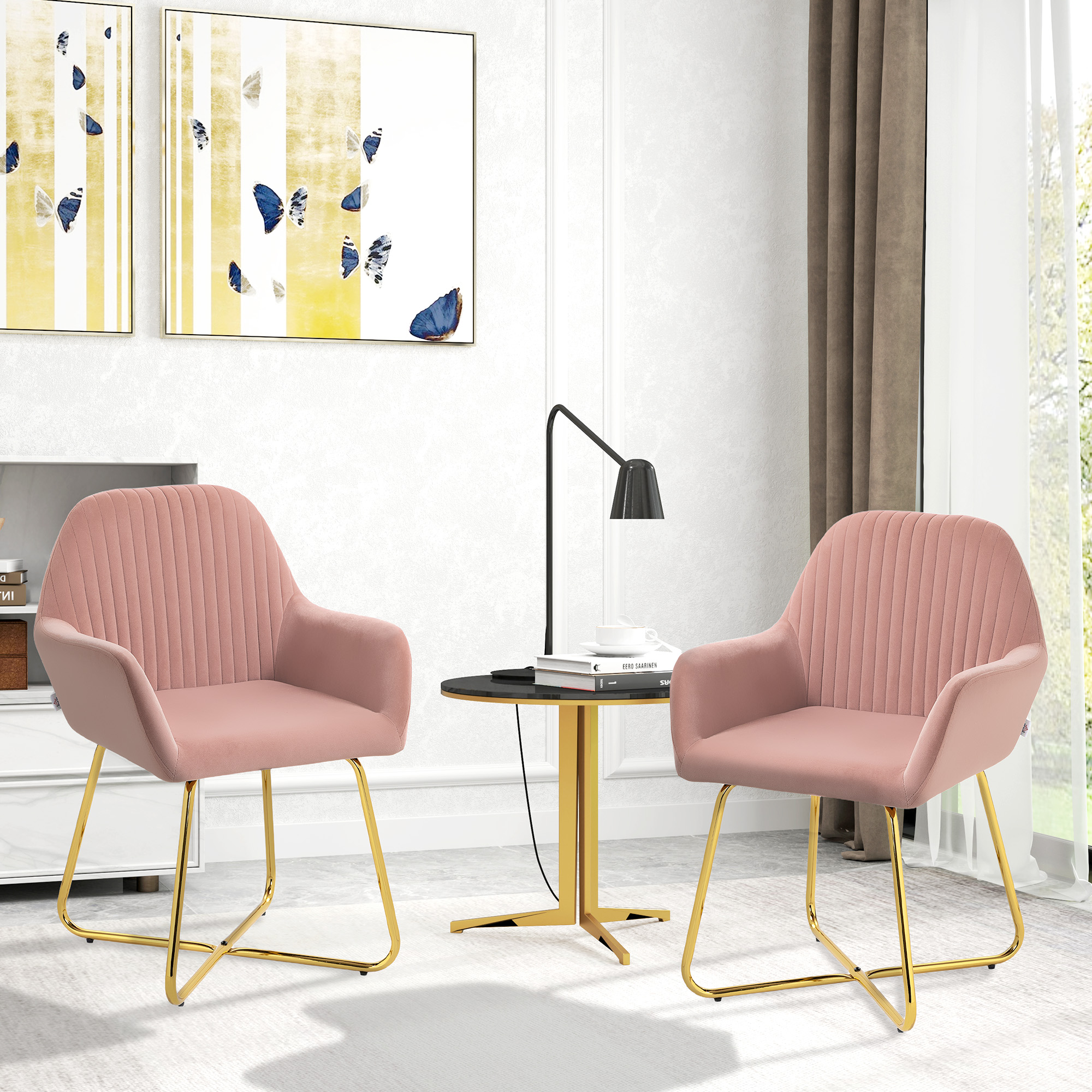 HOMCOM Modern Arm Chair Set of 2 Upholstered Accent Chair with Metal Base for Living Room Pink 2
