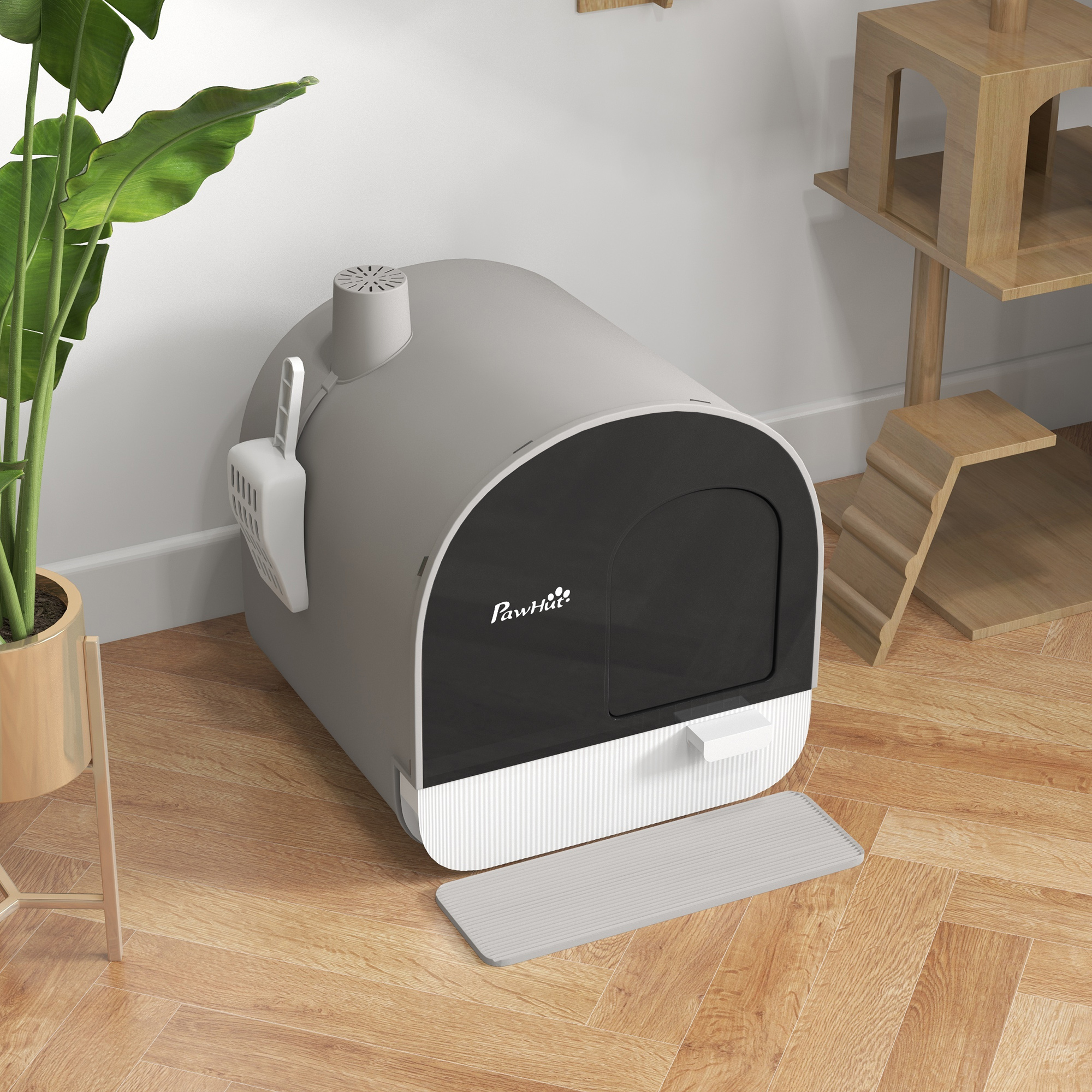PawHut Hooded Cat Litter Box, Kitten Litter Tray, with Lid, Scoop, Filter, Flap Door, Light Grey 9