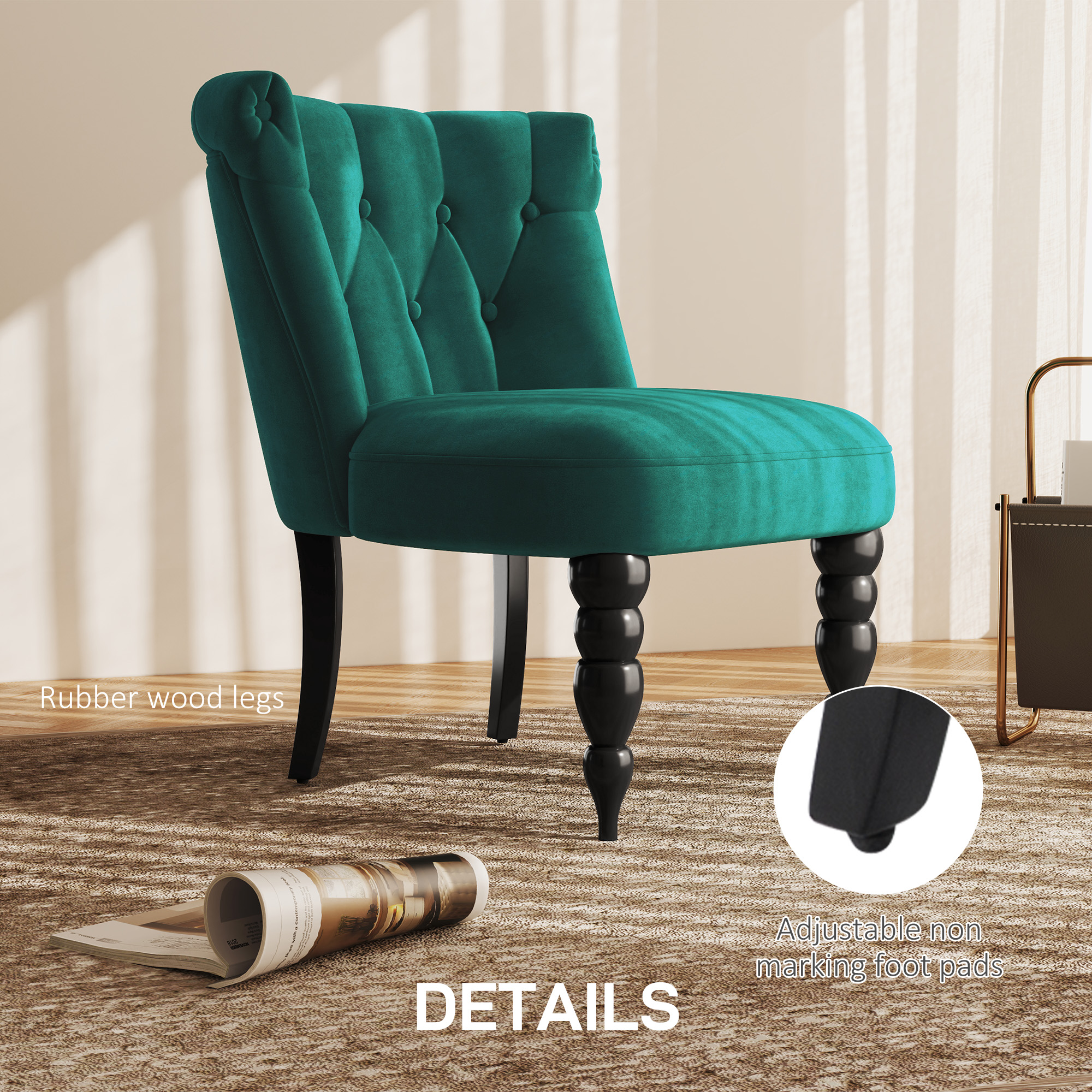 HOMCOM Velvet Accent Chair Set of 2, Button Tufted Wingback Chair with Rubber Wood Legs for Living Room, Bedroom, Dark Green 5