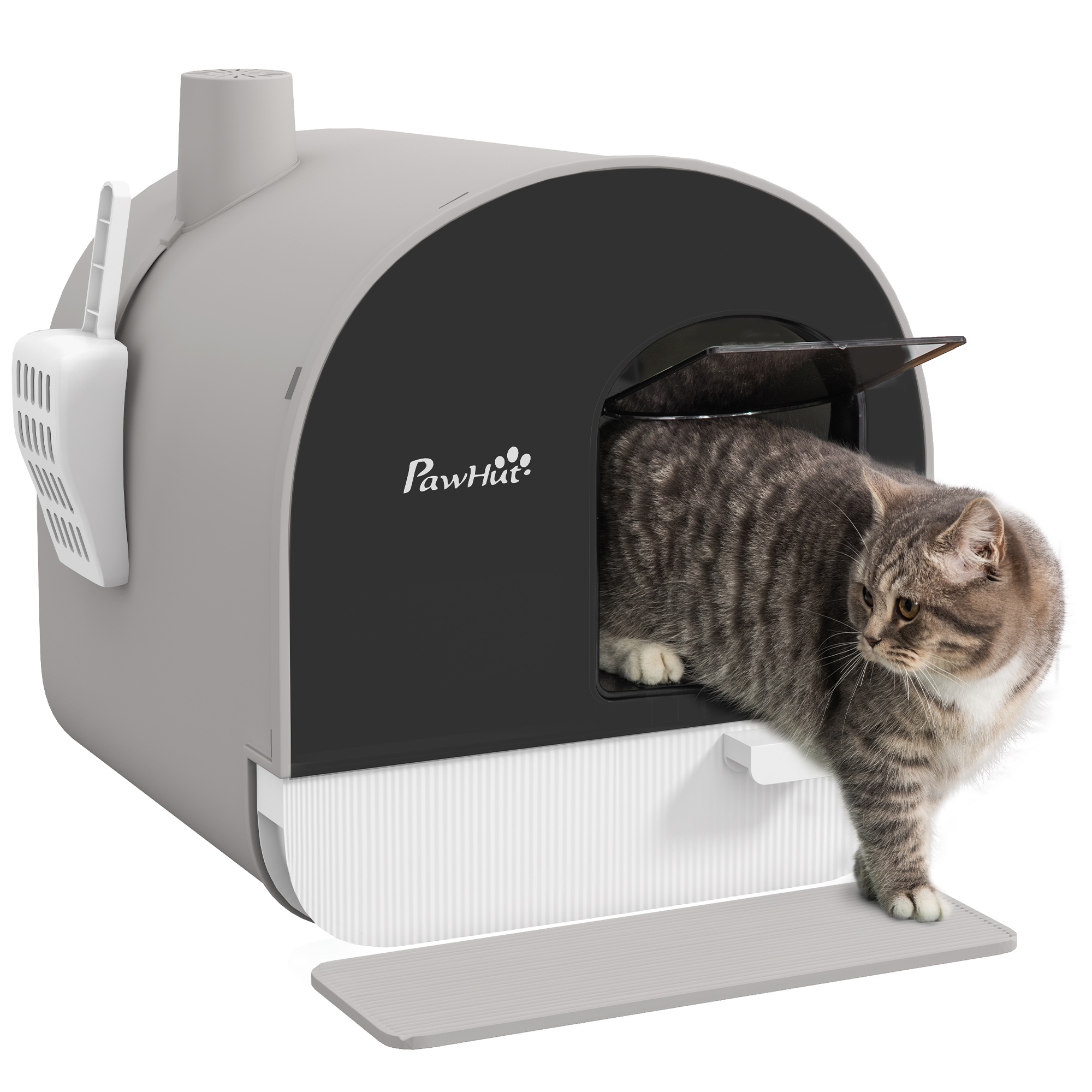 PawHut Hooded Cat Litter Box, Kitten Litter Tray, with Lid, Scoop, Filter, Flap Door