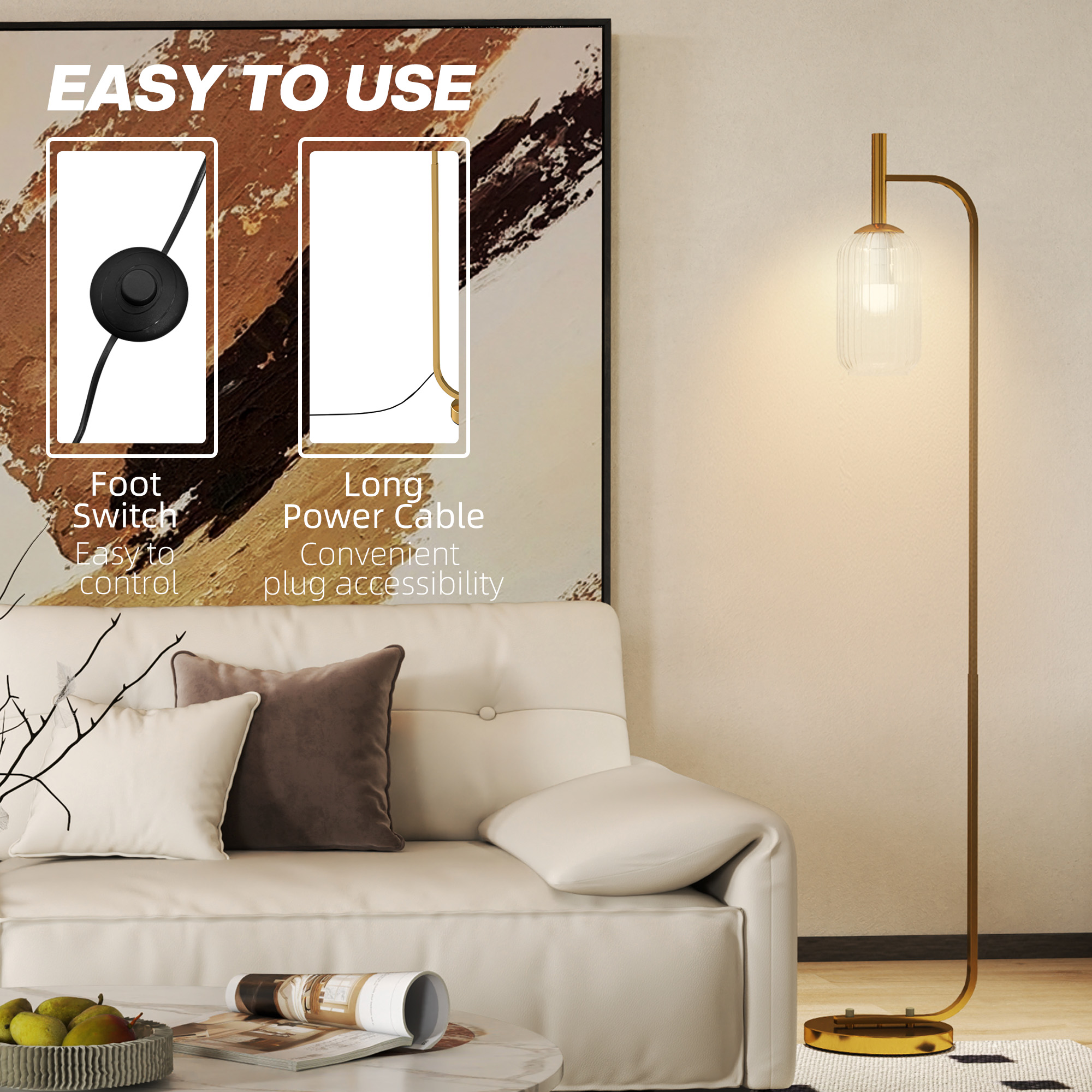 HOMCOM Floor Lamp for Living Room with Glass Lampshade, Modern Standing Lamp with Foot Switch for Bedroom, Bulb not Included, Gold Tone 5