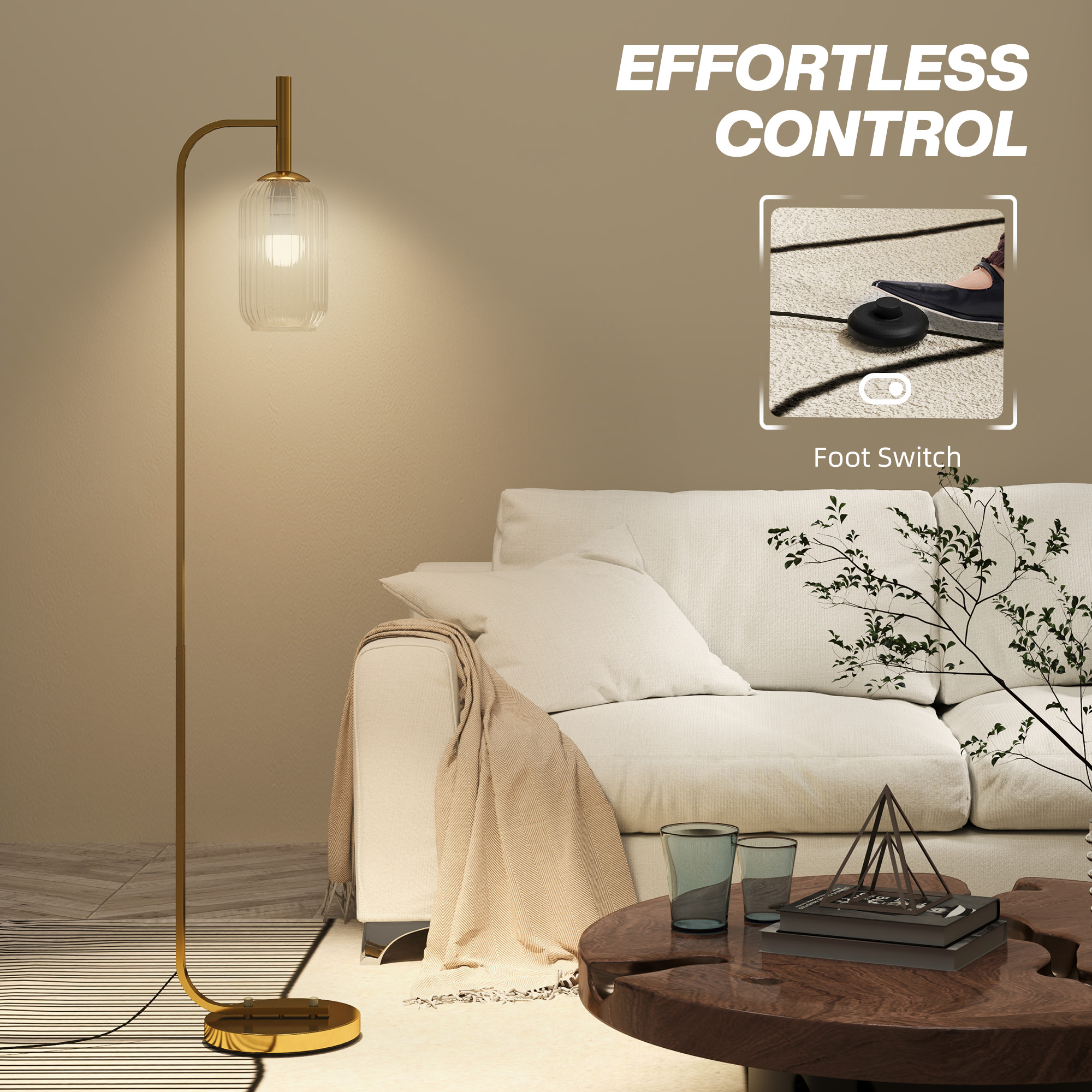 HOMCOM Floor Lamp for Living Room with Glass Lampshade, Modern Standing Lamp with Foot Switch for Bedroom, Bulb not Included, Gold Tone 6