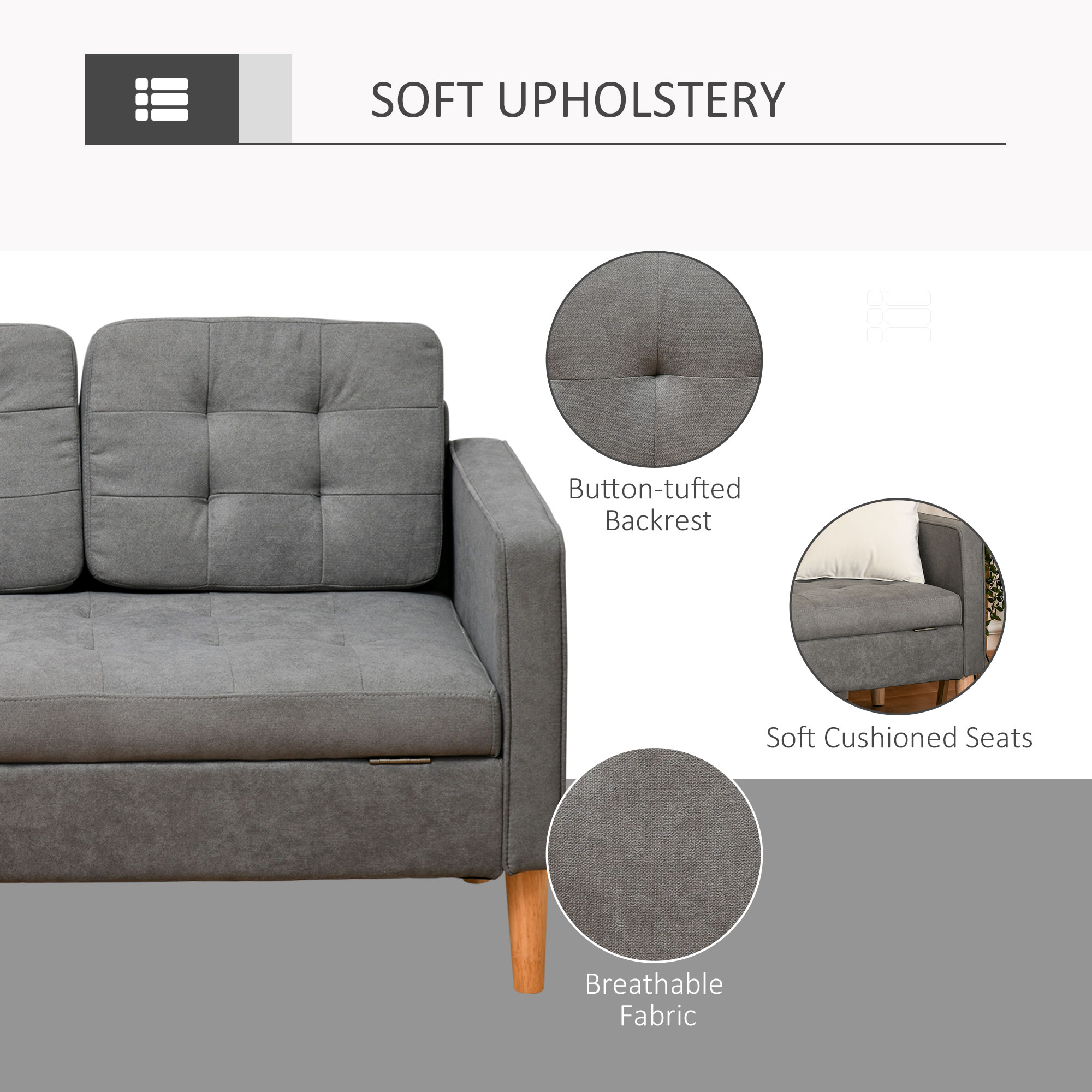 HOMCOM Modern 3 Seater Sofa with Hidden Storage, 169cm Tufted Cotton Couch with Wood Legs, Compact Sofa for Living Room, Grey 6