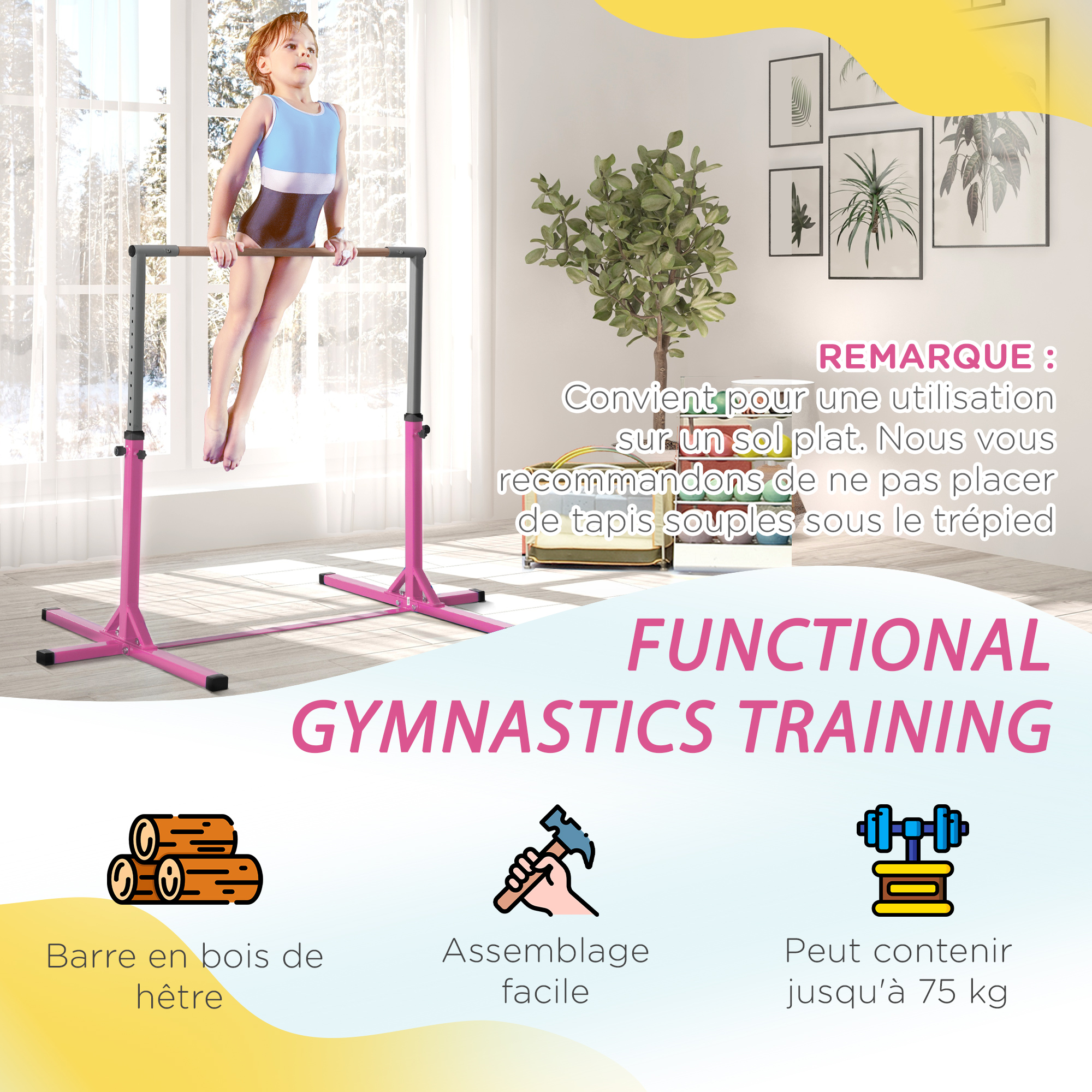 Barre de gymnastique pliable extensible à hauteur réglable, rose