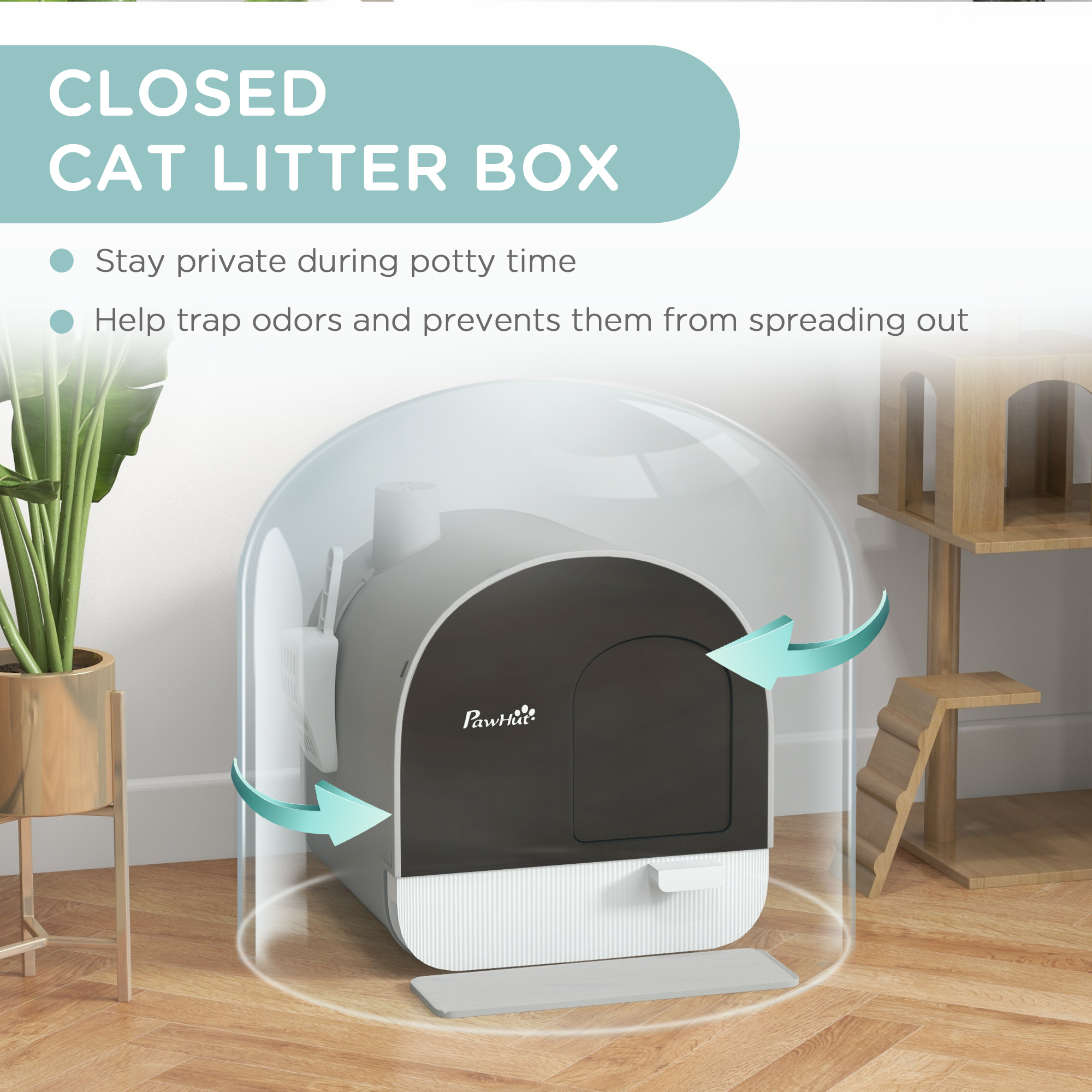 PawHut Hooded Cat Litter Box, Kitten Litter Tray, with Lid, Scoop, Filter, Flap Door, Light Grey 5