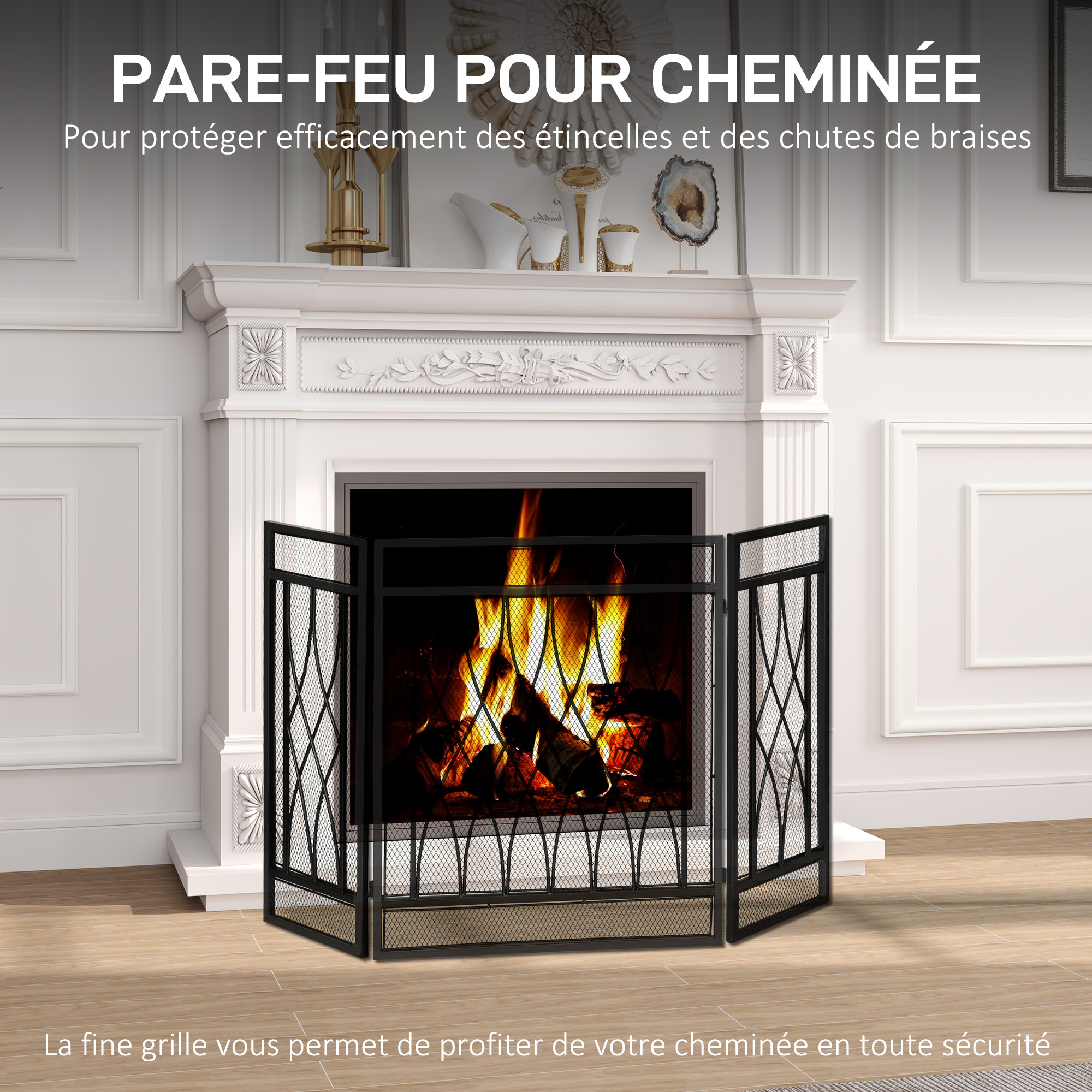 Pare Feu Cheminée Pliable 3 Panneaux en Fer Ecran de Cheminée