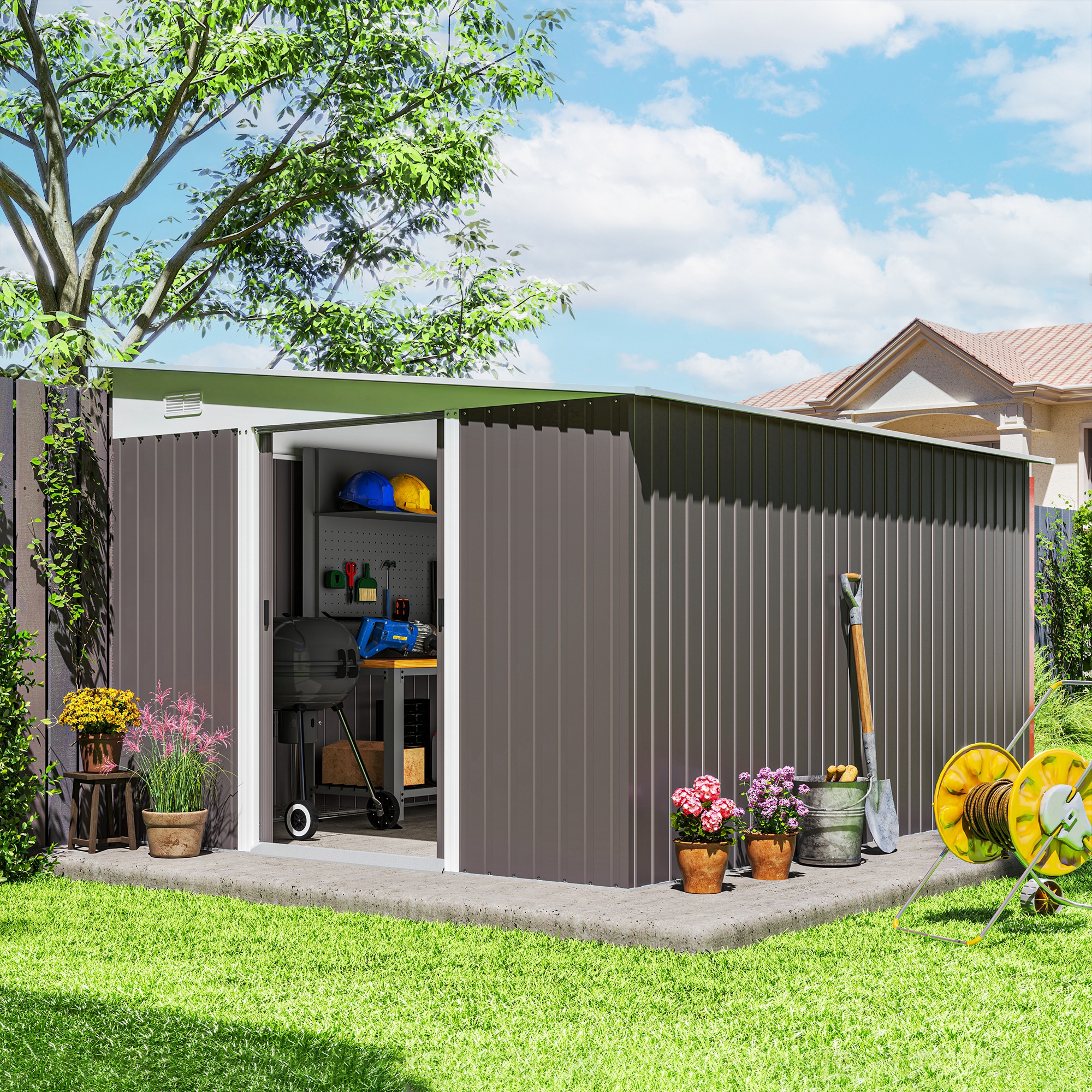 Outsunny 11.3 x 9.2ft Lean to Metal Garden Shed, Outdoor Galvanised Tool Storage House with Double Sliding Doors and 2 Air Vents, Grey 2