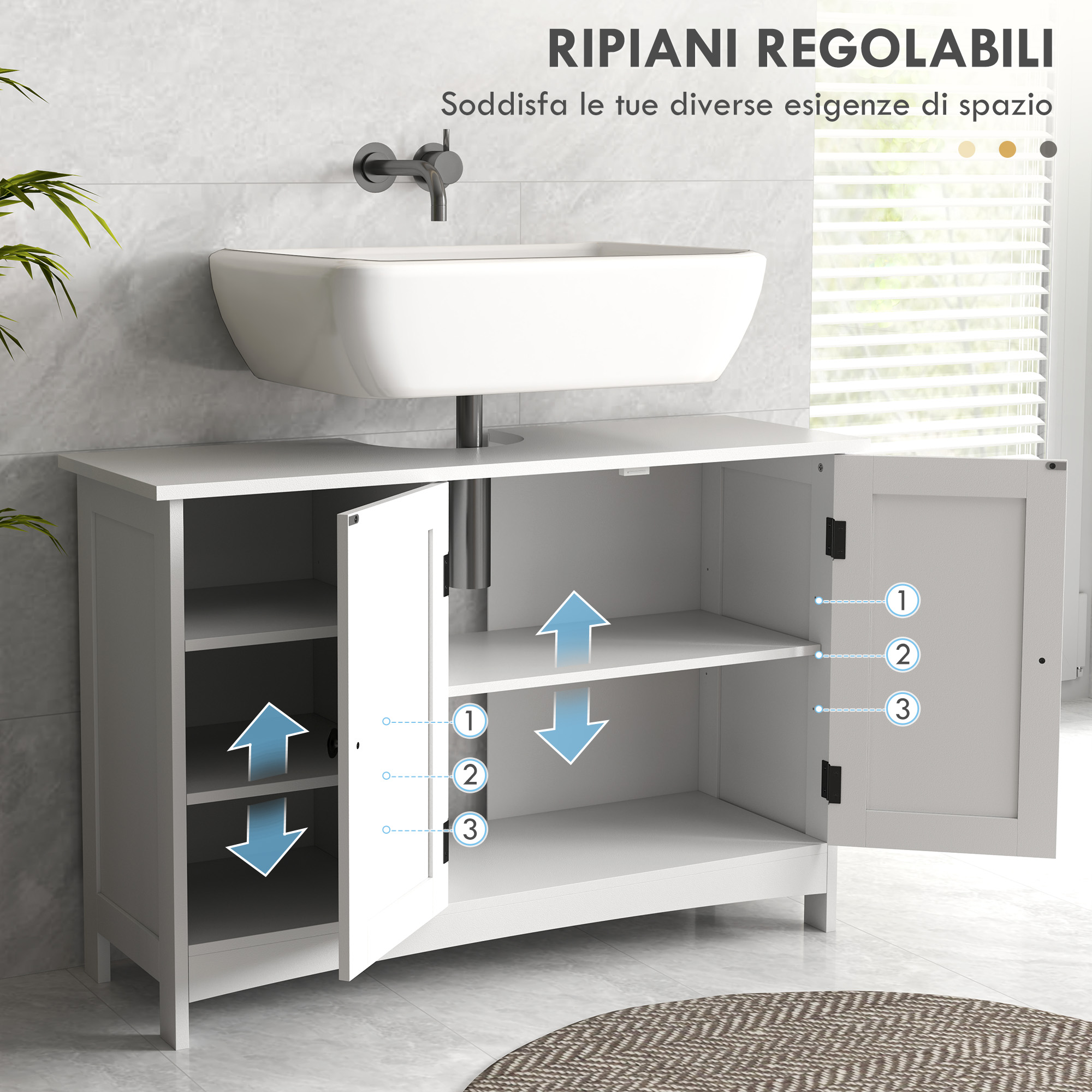 Mobiletto Bagno Sottolavabo Kleankin - 2 Ante, Grigio, 60x30x60 Cm Con Mensola Regolabile - Foto 4